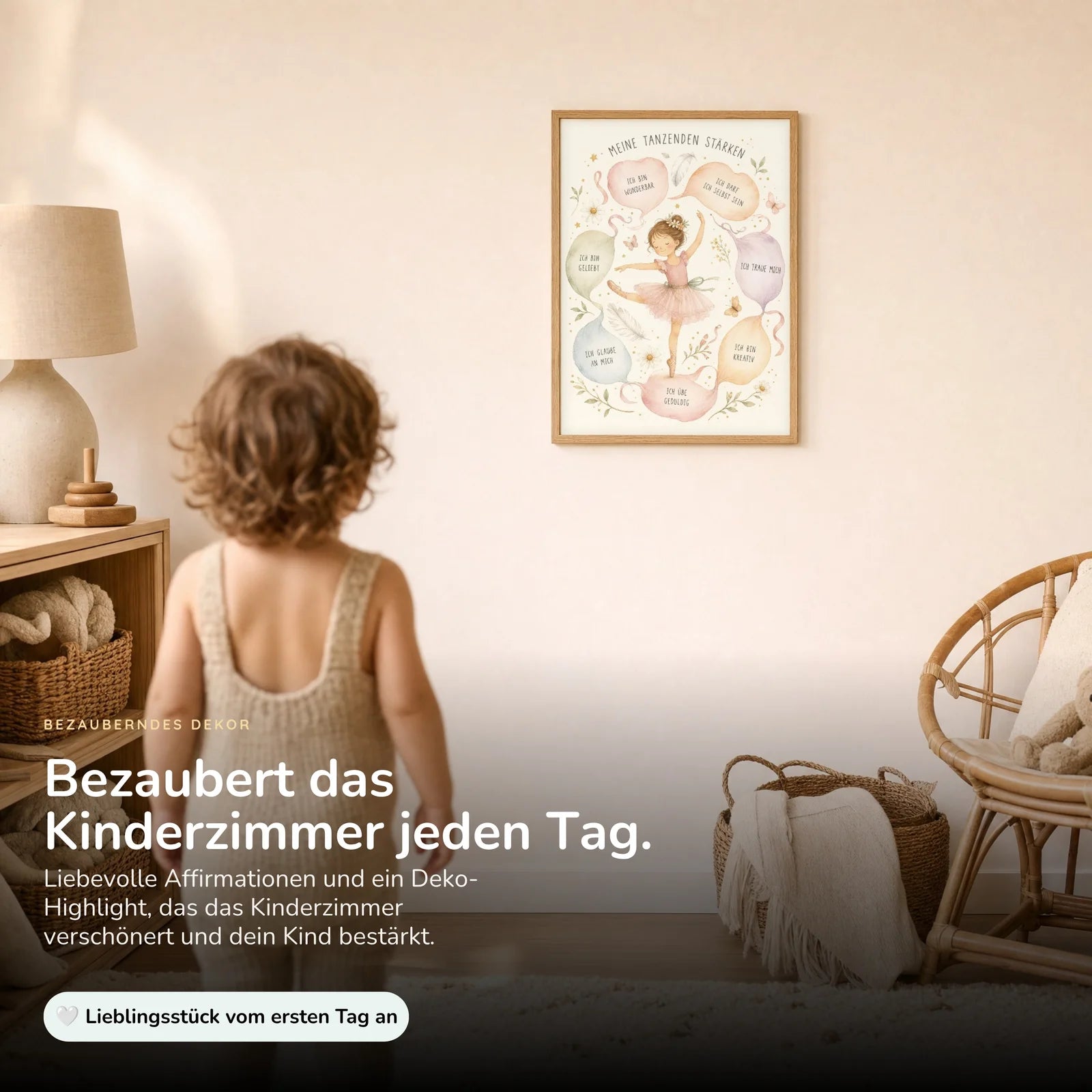 Affirmationsposter Kinderzimmer Tanzende Stärken, im Kinderzimmer an der Wand
