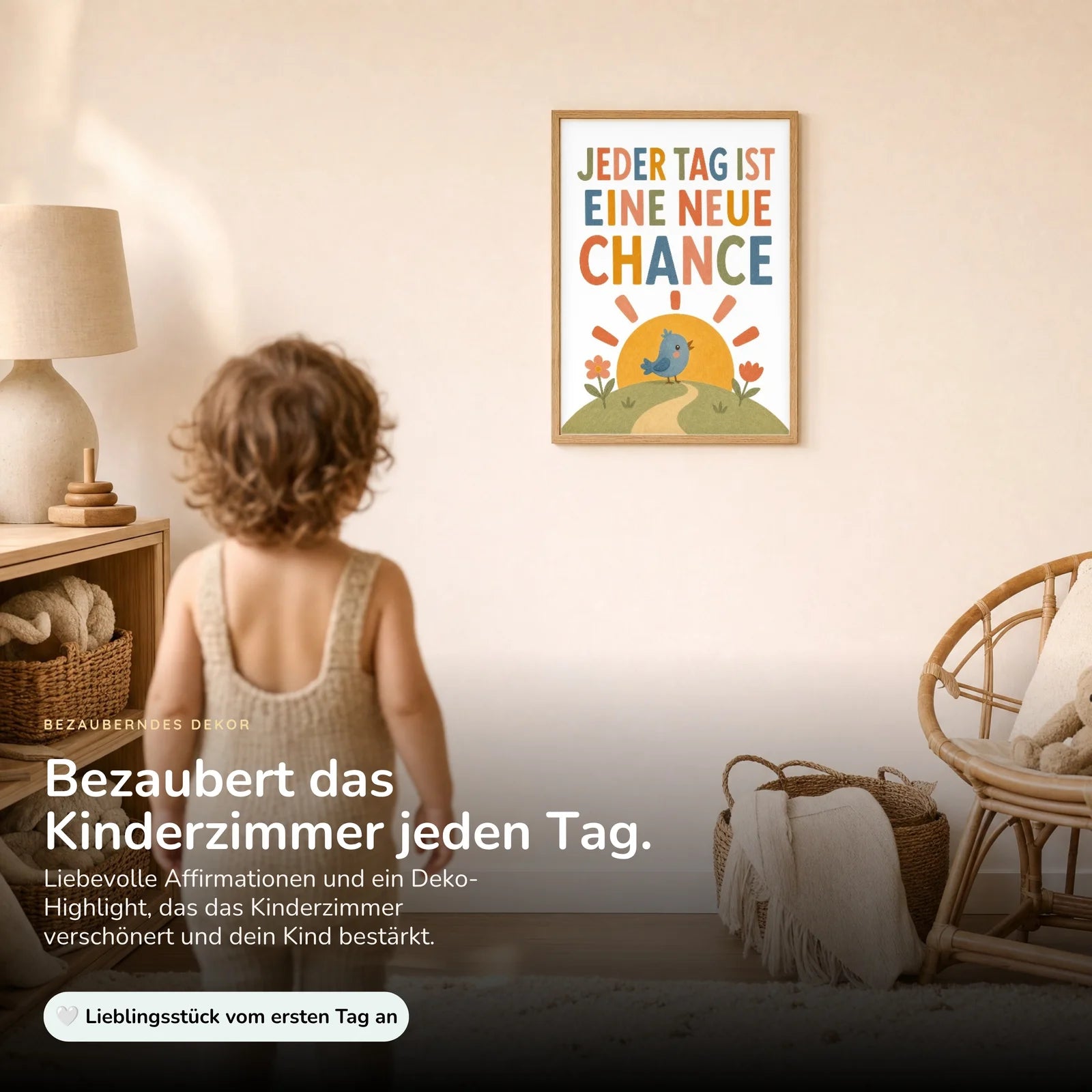 Affirmationsposter Kinderzimmer Vogel Jeder Tag neue Chance, im Kinderzimmer an der Wand