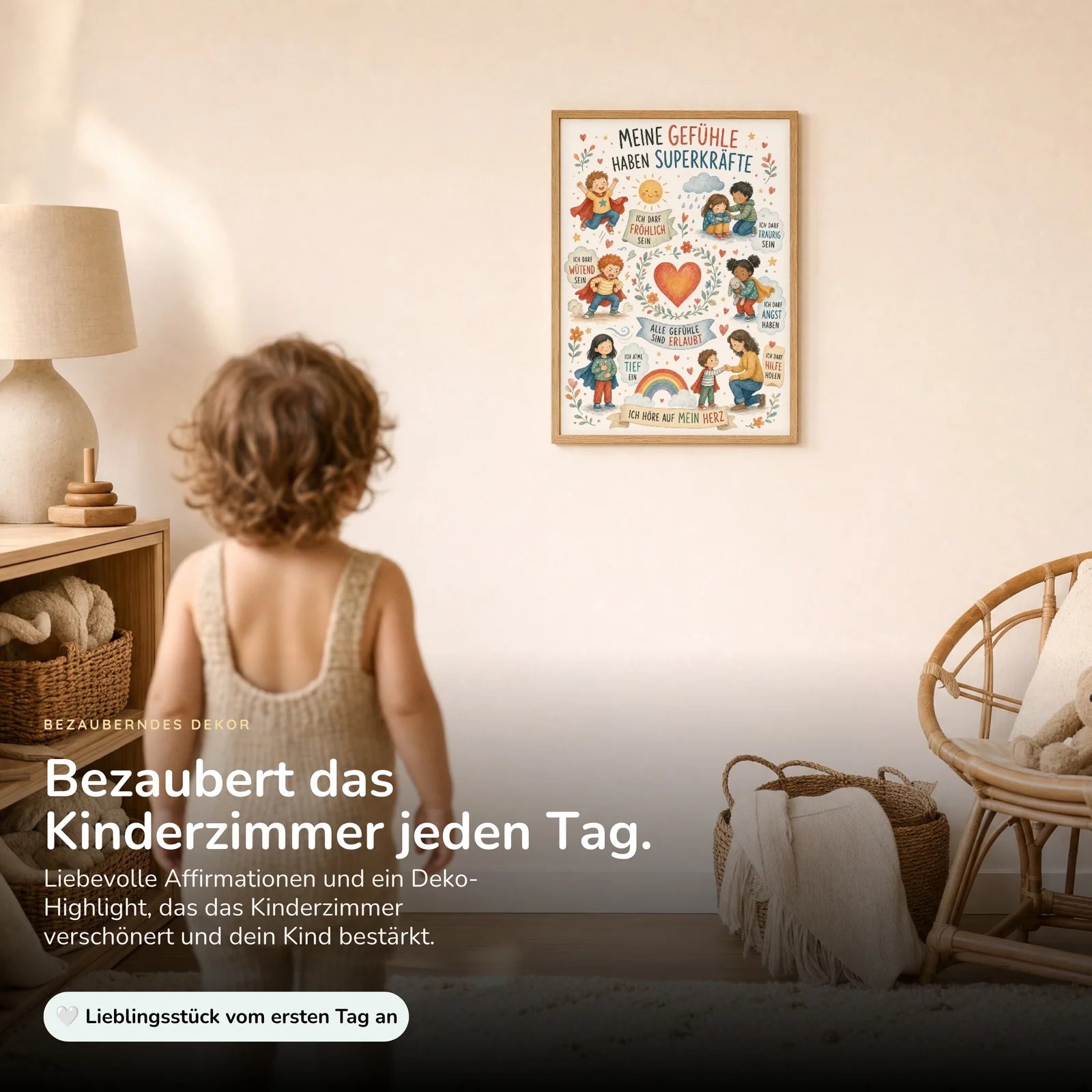 Affirmationsposter Kinderzimmer Wimmelbild Gefühle, im Kinderzimmer an der Wand