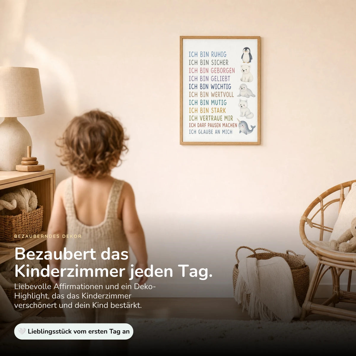 Kind vor dem Affirmationsposter „Arktistiere“ an der Wand – Bilder fürs Kinderzimmer