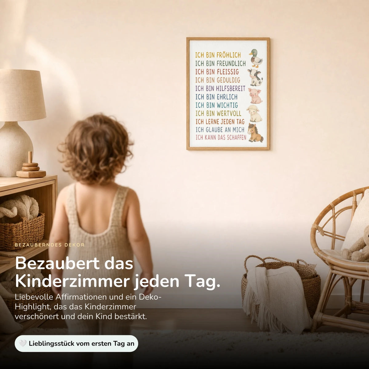 Kind vor dem Affirmationsposter „Bauernhoftiere“ an der Wand – Bilder fürs Kinderzimmer