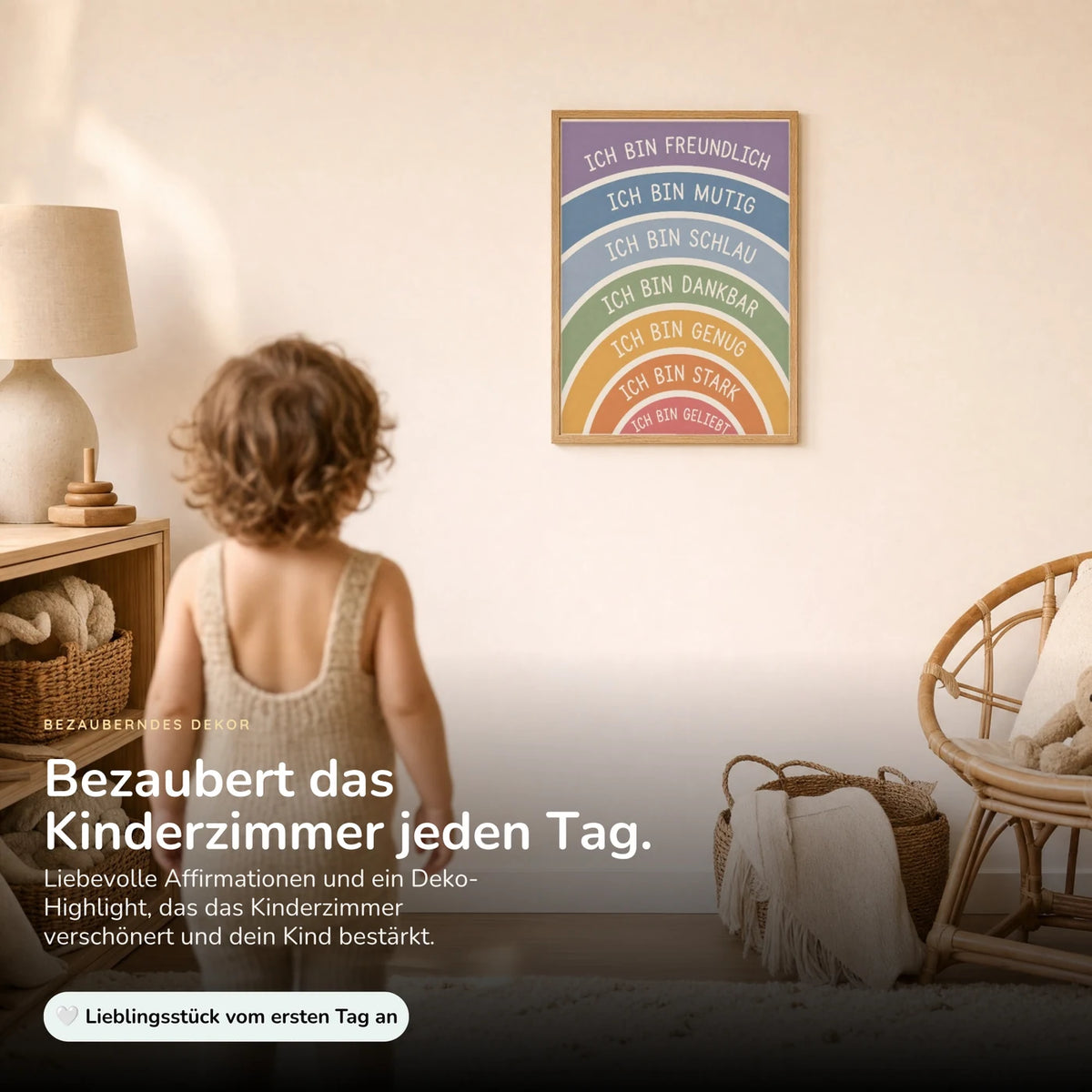 Kind vor dem Affirmationsposter „Regenbogen Ich bin freundlich“ an der Wand – Bilder fürs Kinderzimmer