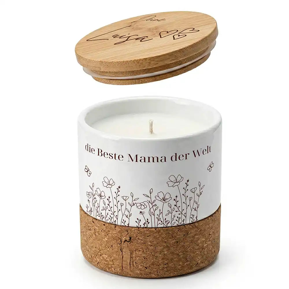 Duftkerze Vanille Keramik Beste Mama Wildblumen – Boho-Stil mit Bambusdeckel