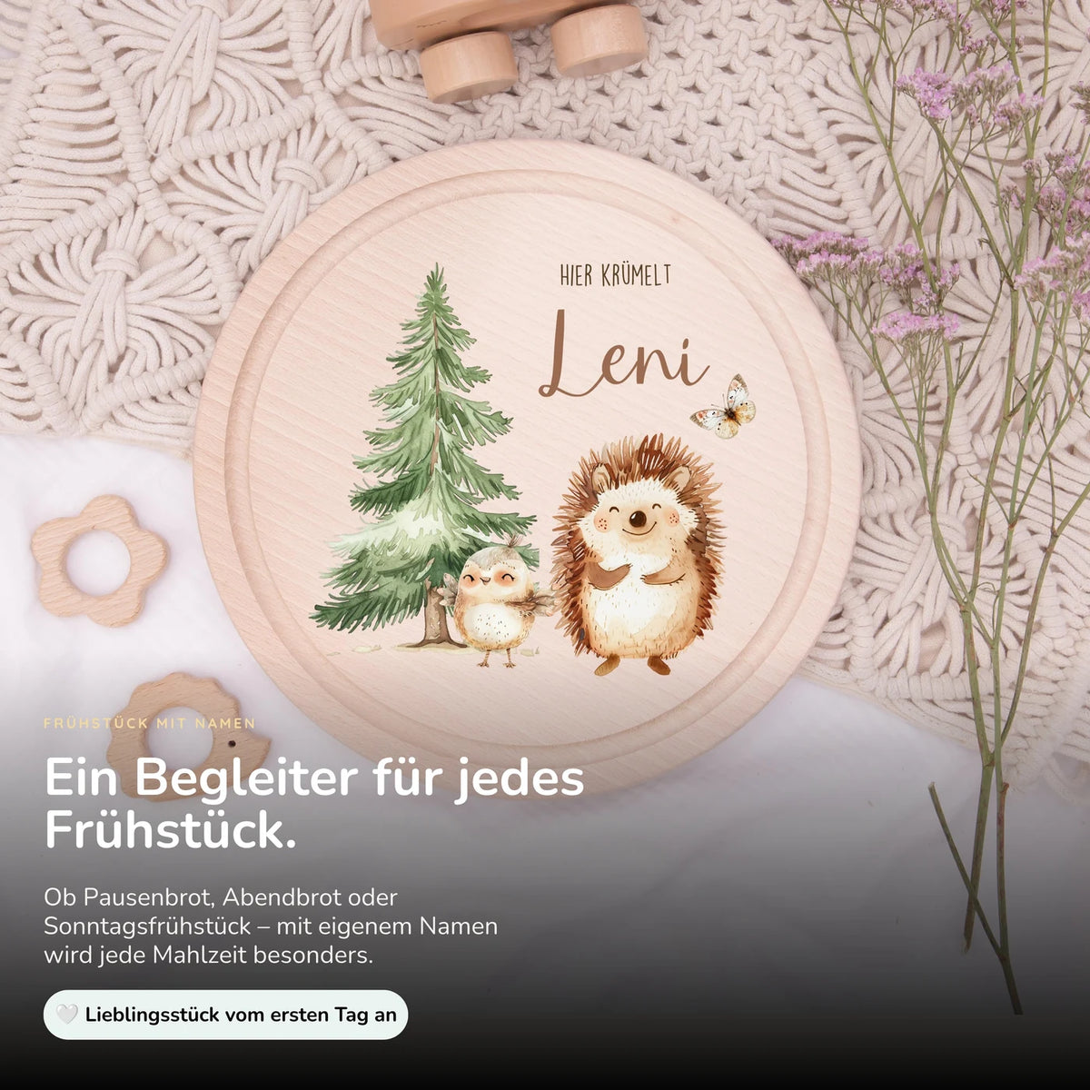 Rundes personalisiertes Frühstücksbrettchen Igel mit Namen für Kinder