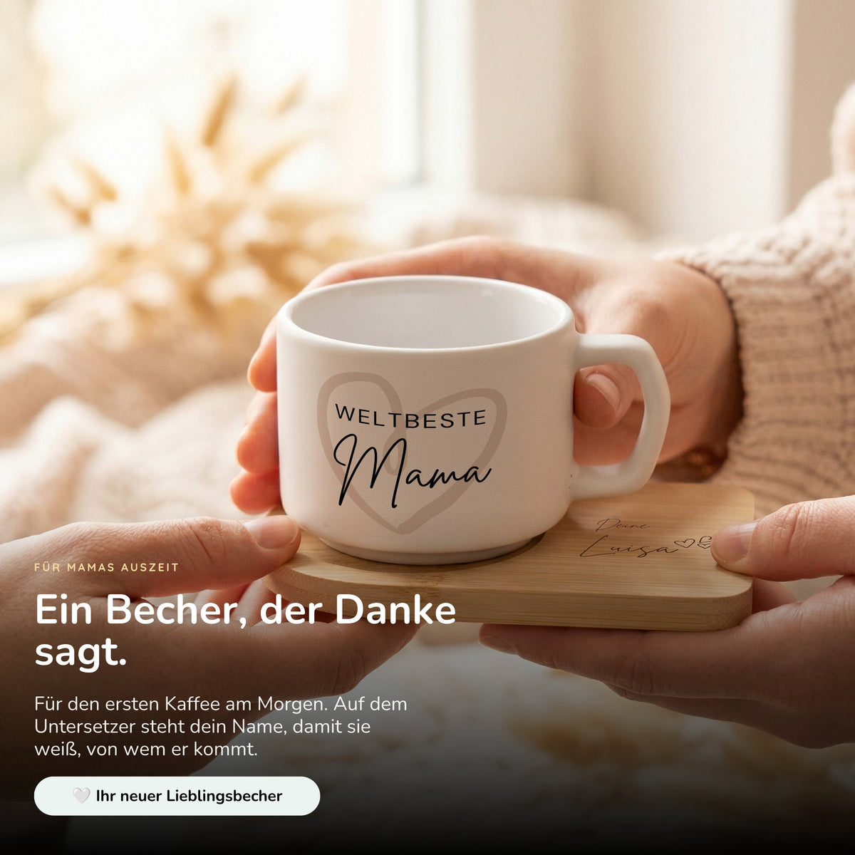 Muttertagsgeschenk Keramikbecher mit Untersetzer – Weltbeste Mama Herz