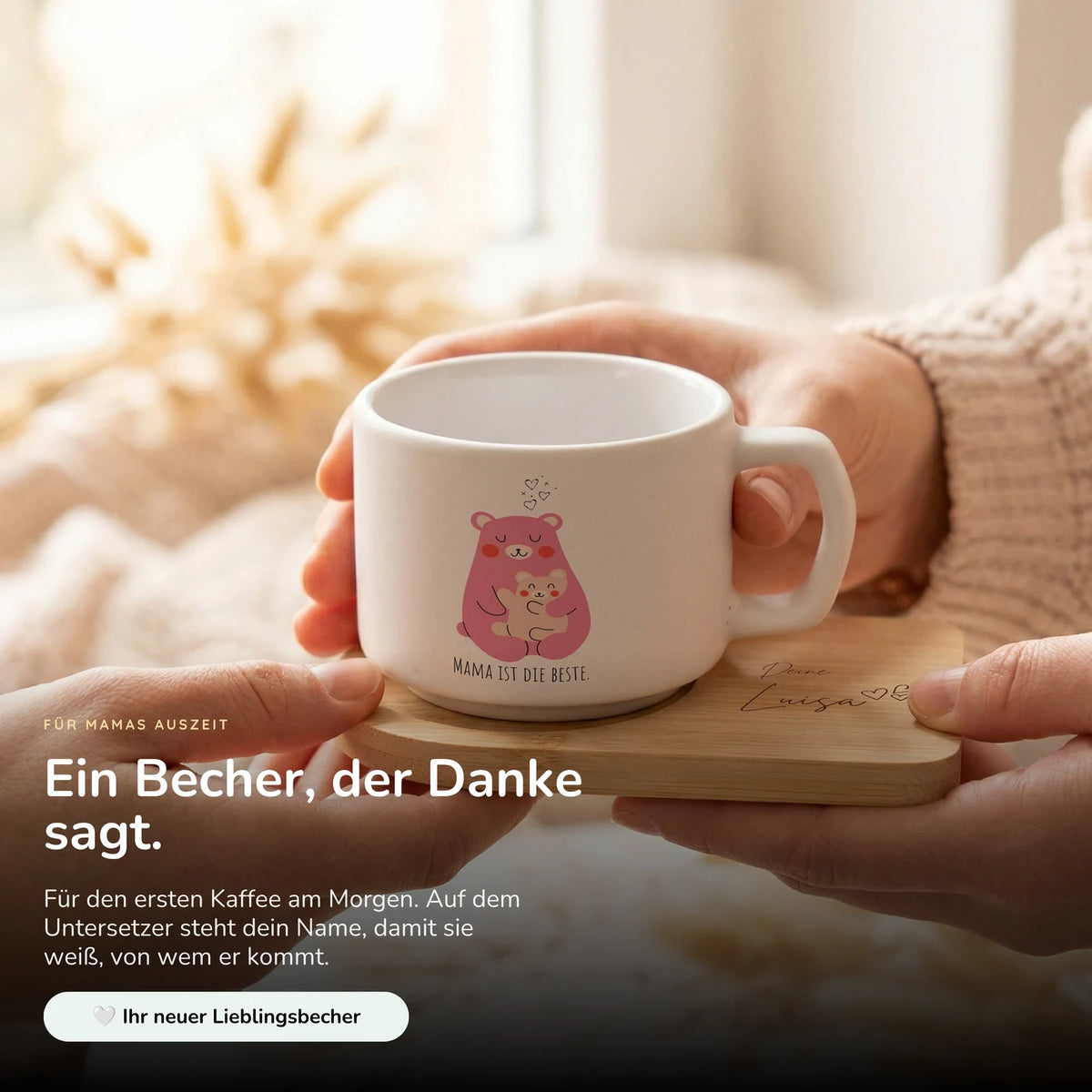 Muttertagsgeschenk Keramikbecher mit Untersetzer – Bär Mama & Kind