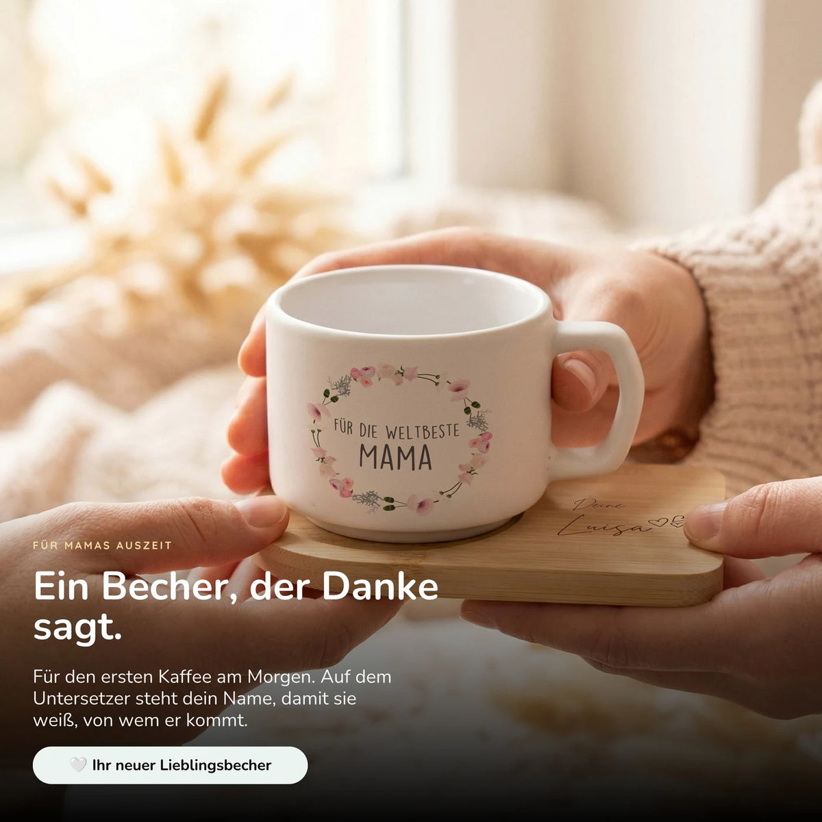 Muttertagsgeschenk Keramikbecher mit Untersetzer – Blumenkranz Weltbeste Mama