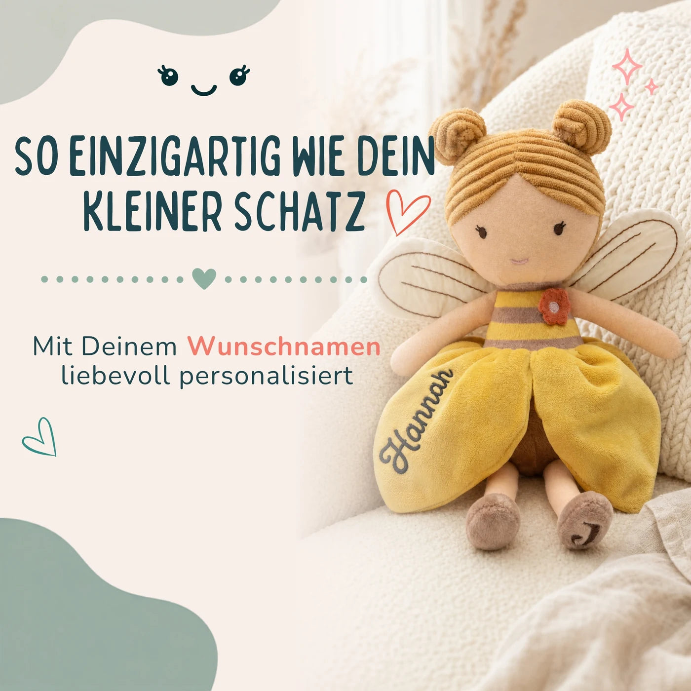 Jollein Stoffpuppe Fee Honig, mit besticktem Wunschnamen als Geschenk zur Geburt