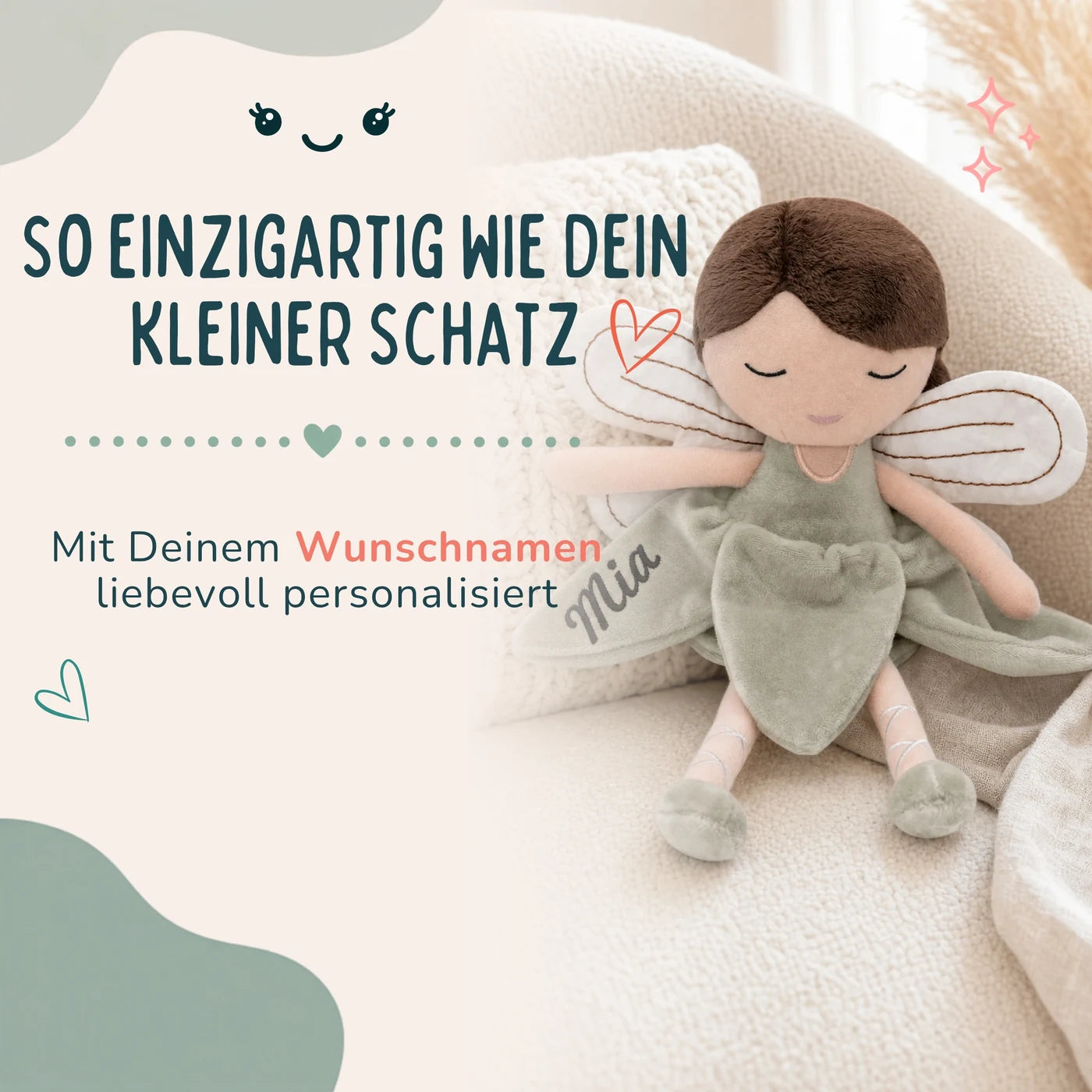 Jollein Stoffpuppe Fee Salbei, mit besticktem Wunschnamen als Geschenk zur Geburt