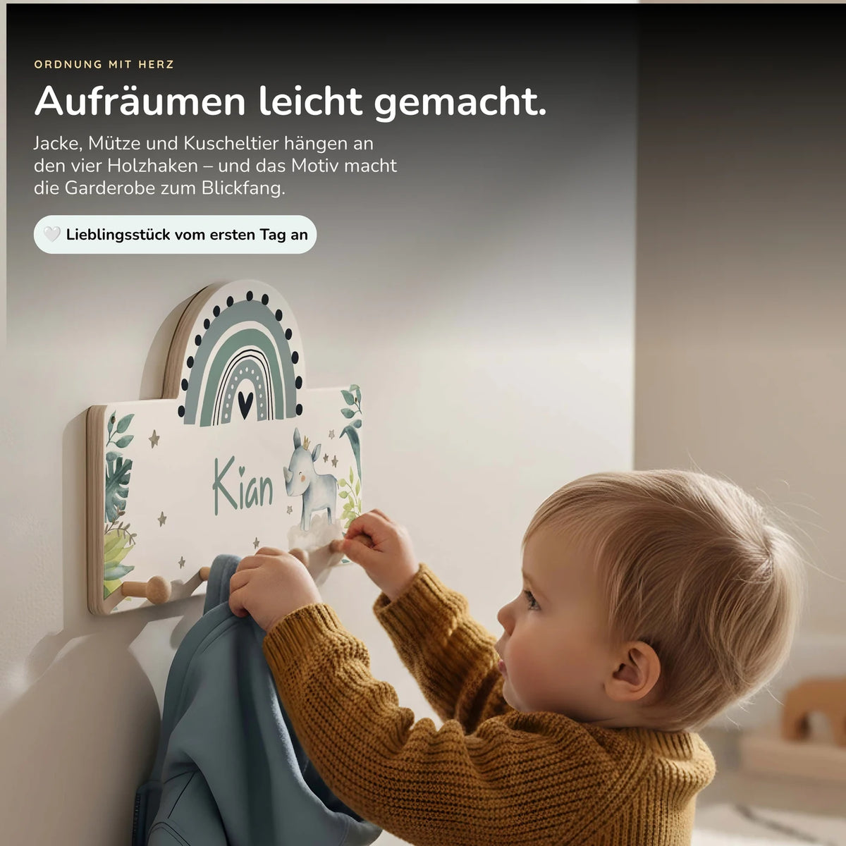 Kindergarderobe Holz personalisiert - Nashorn