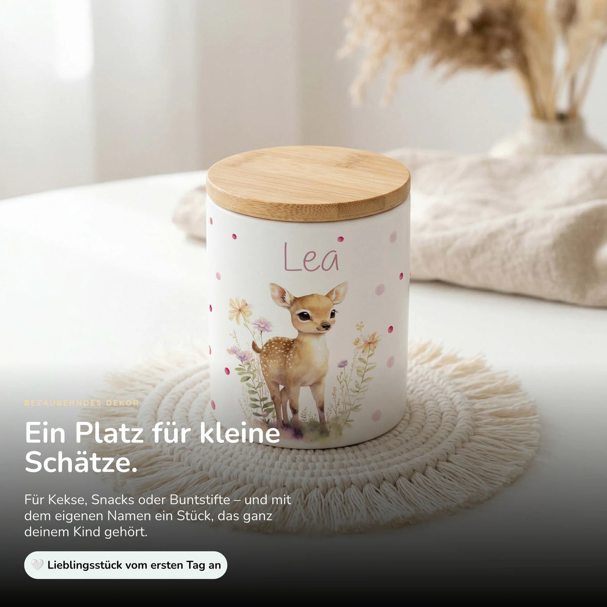Personalisierte Keksdose Rehkitz Blumenwiese – Keramik & Bambus mit Wunschname