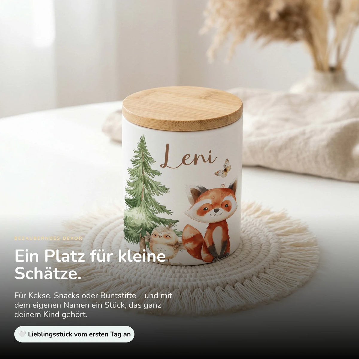 Personalisierte Keksdose Roter Panda & Eule – Keramik & Bambus mit Wunschname