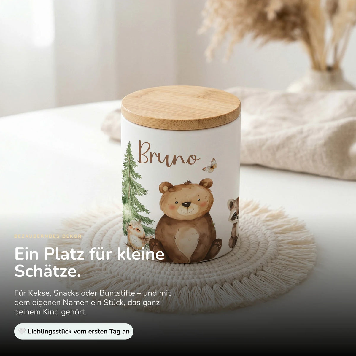 Personalisierte Keksdose Bär & Waschbär – Keramik & Bambus mit Wunschname