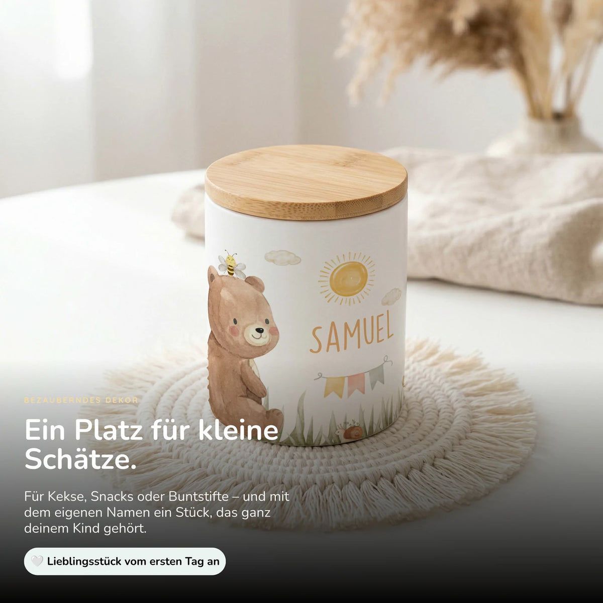 Personalisierte Keksdose Bär Sommer – Keramik & Bambus mit Wunschname