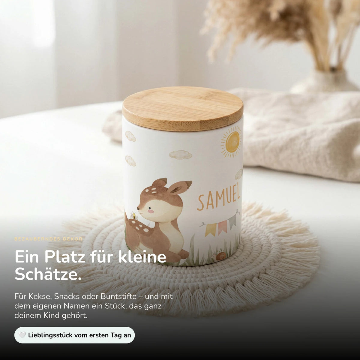 Personalisierte Keksdose Rehkitz Sonne – Keramik & Bambus mit Wunschname