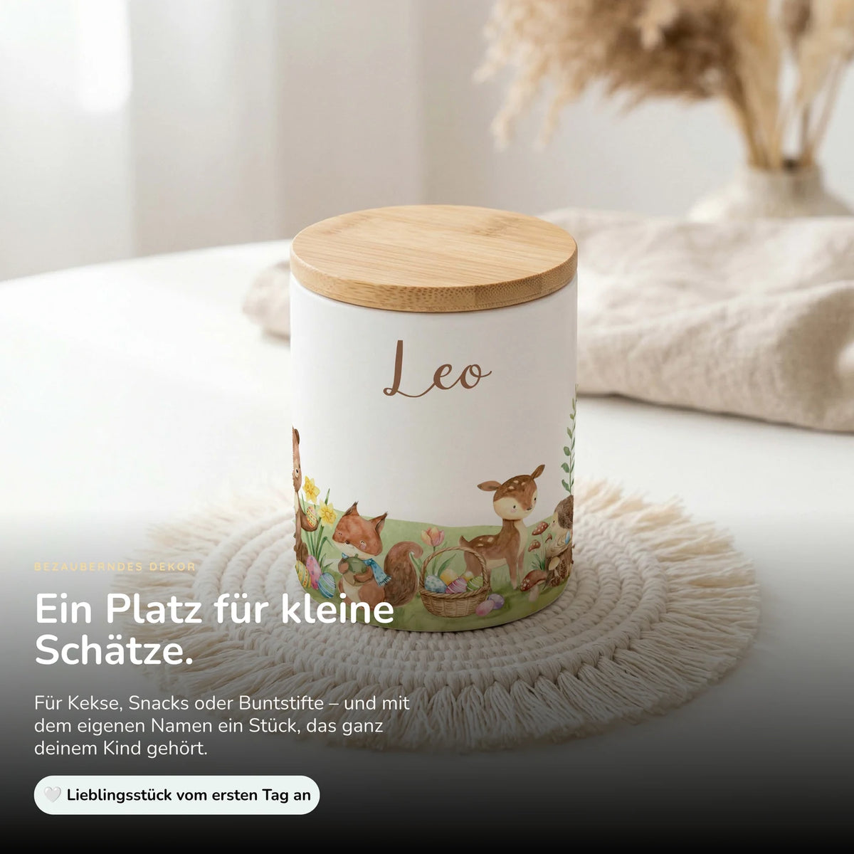 Personalisierte Keksdose Ostern Frühlingswiese – Keramik & Bambus mit Wunschname