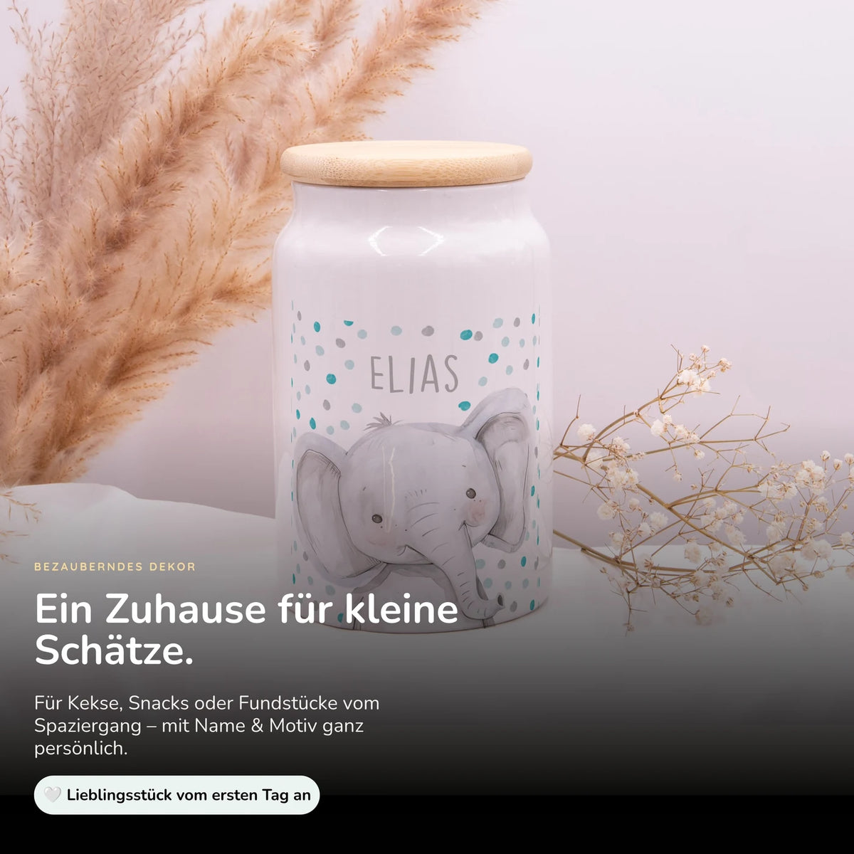 Personalisierbare Keksdose mit Name - Elefant mit Punkten