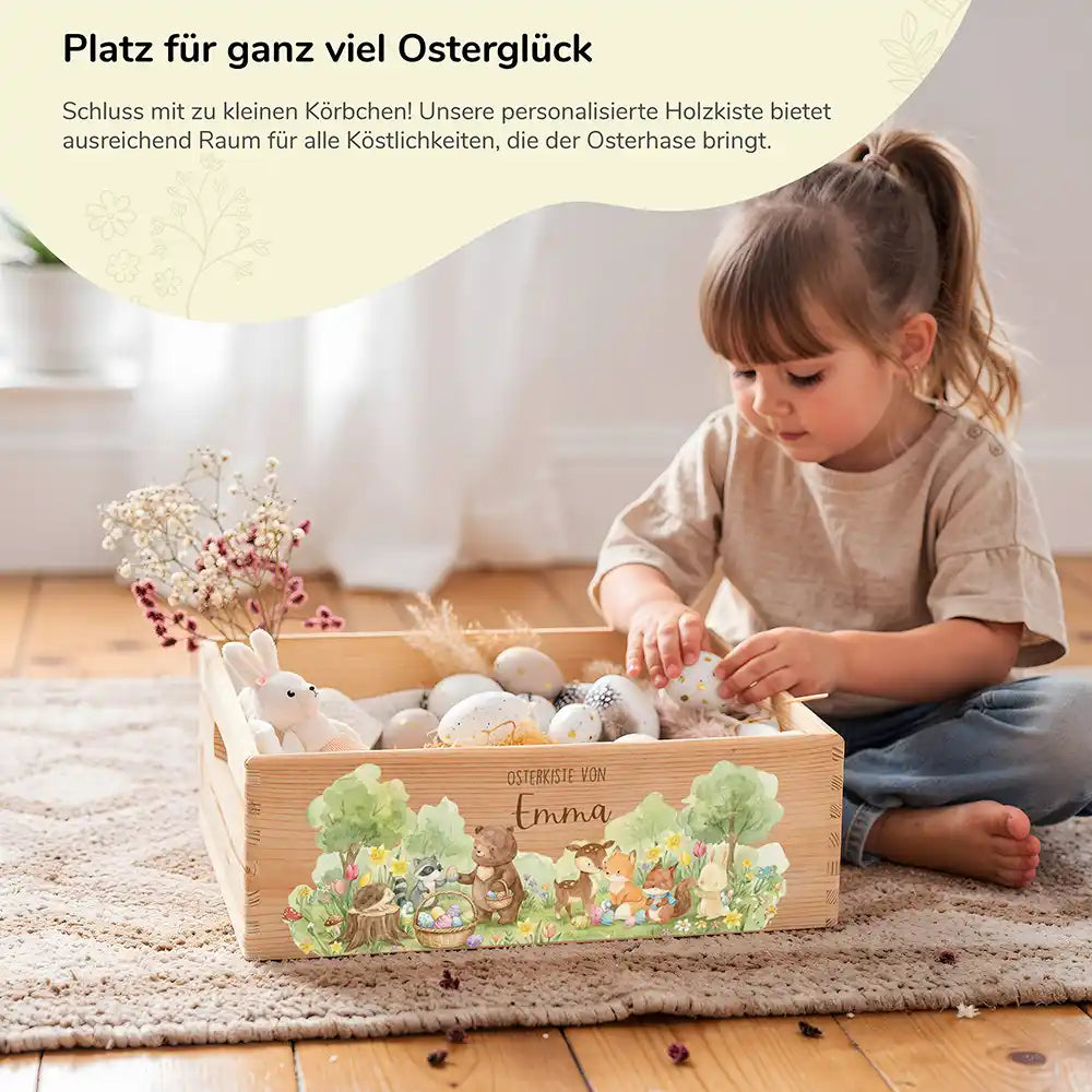 Osterkiste Holz personalisiert - Tierfamilie im Wald