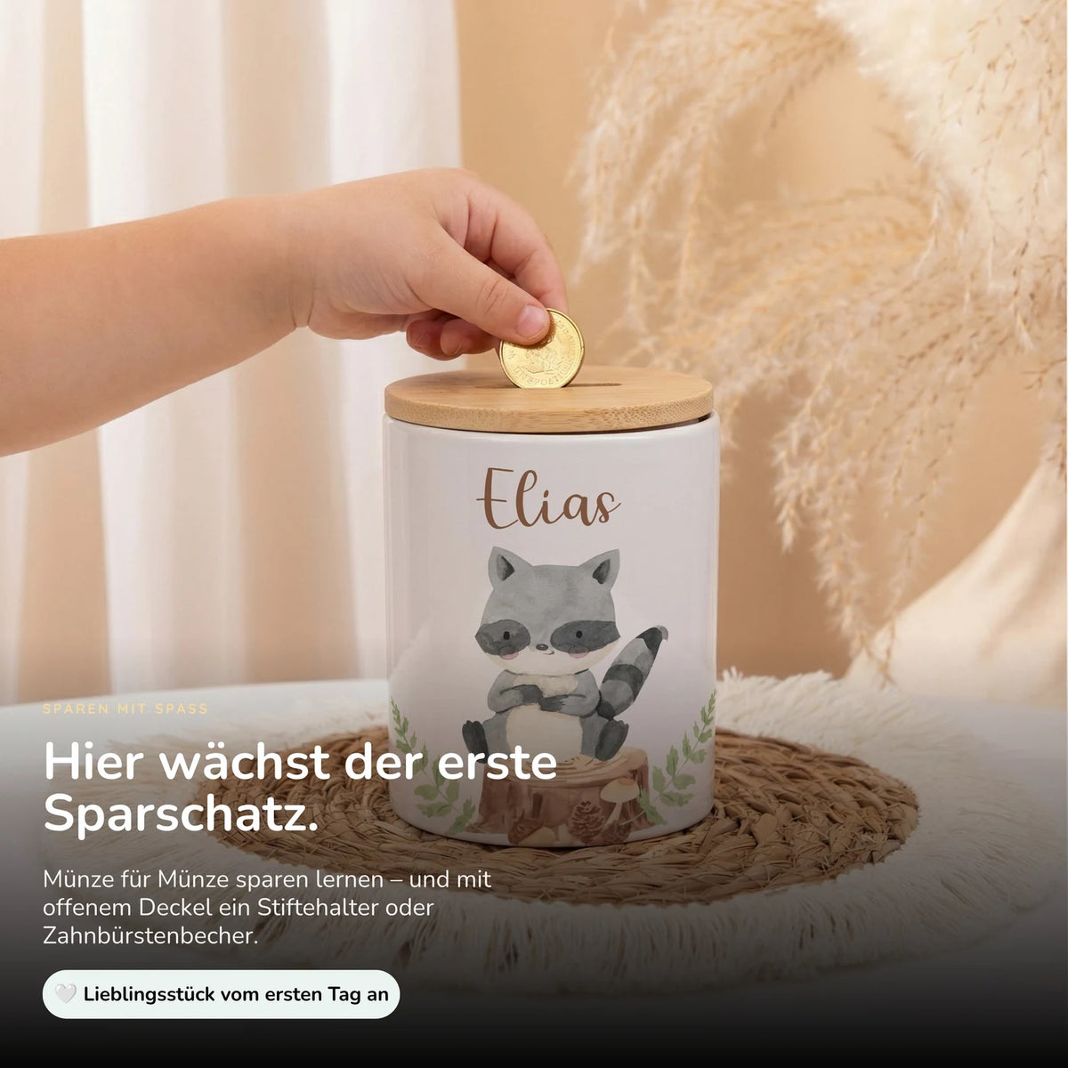 Personalisierte Spardose Waschbär Wald – Keramik & Bambus mit Wunschname