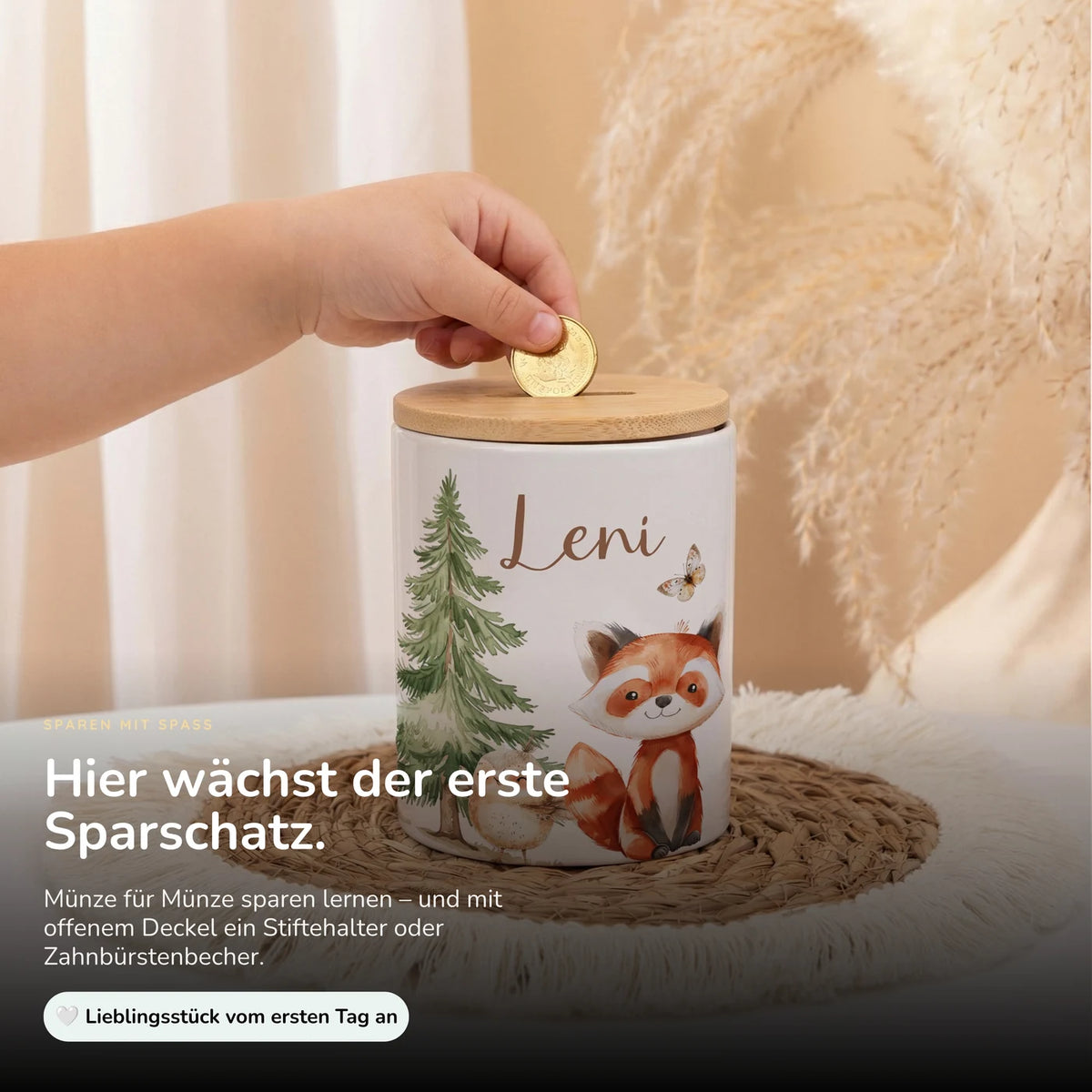 Personalisierte Spardose Roter Panda & Eule – Keramik & Bambus mit Wunschname