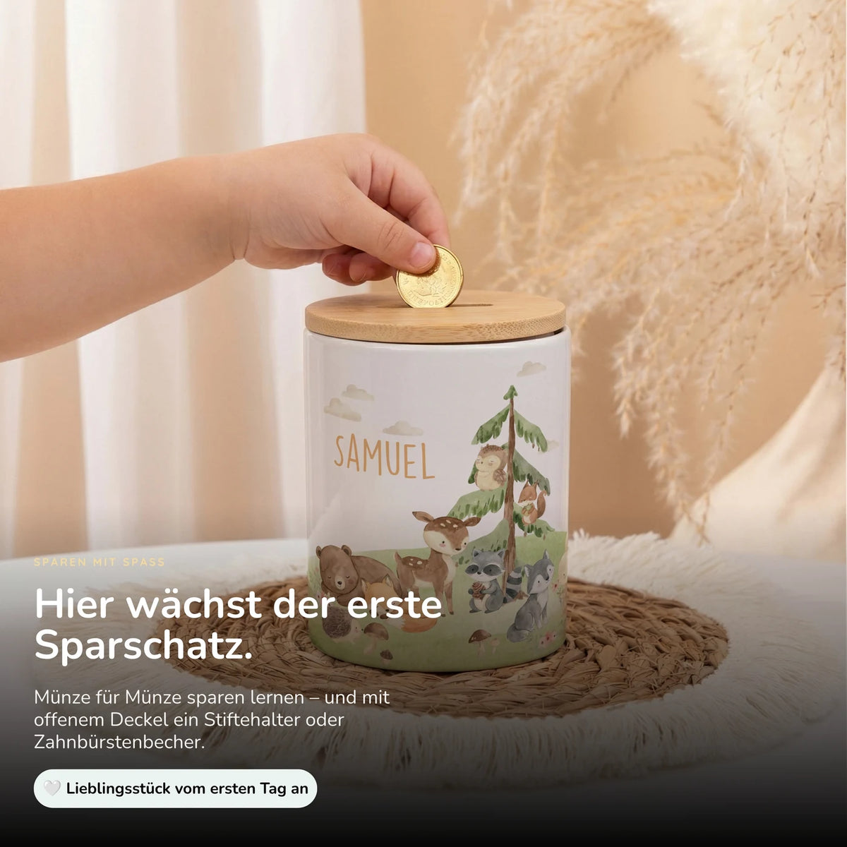 Personalisierte Spardose Waldszene V – Keramik & Bambus mit Wunschname