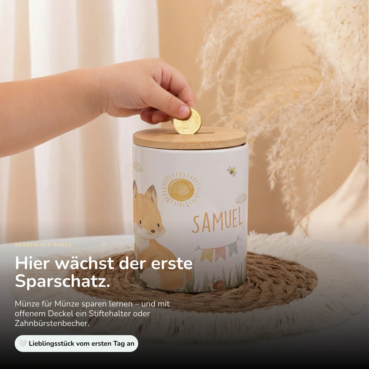 Personalisierte Spardose Fuchs Sommer – Keramik & Bambus mit Wunschname