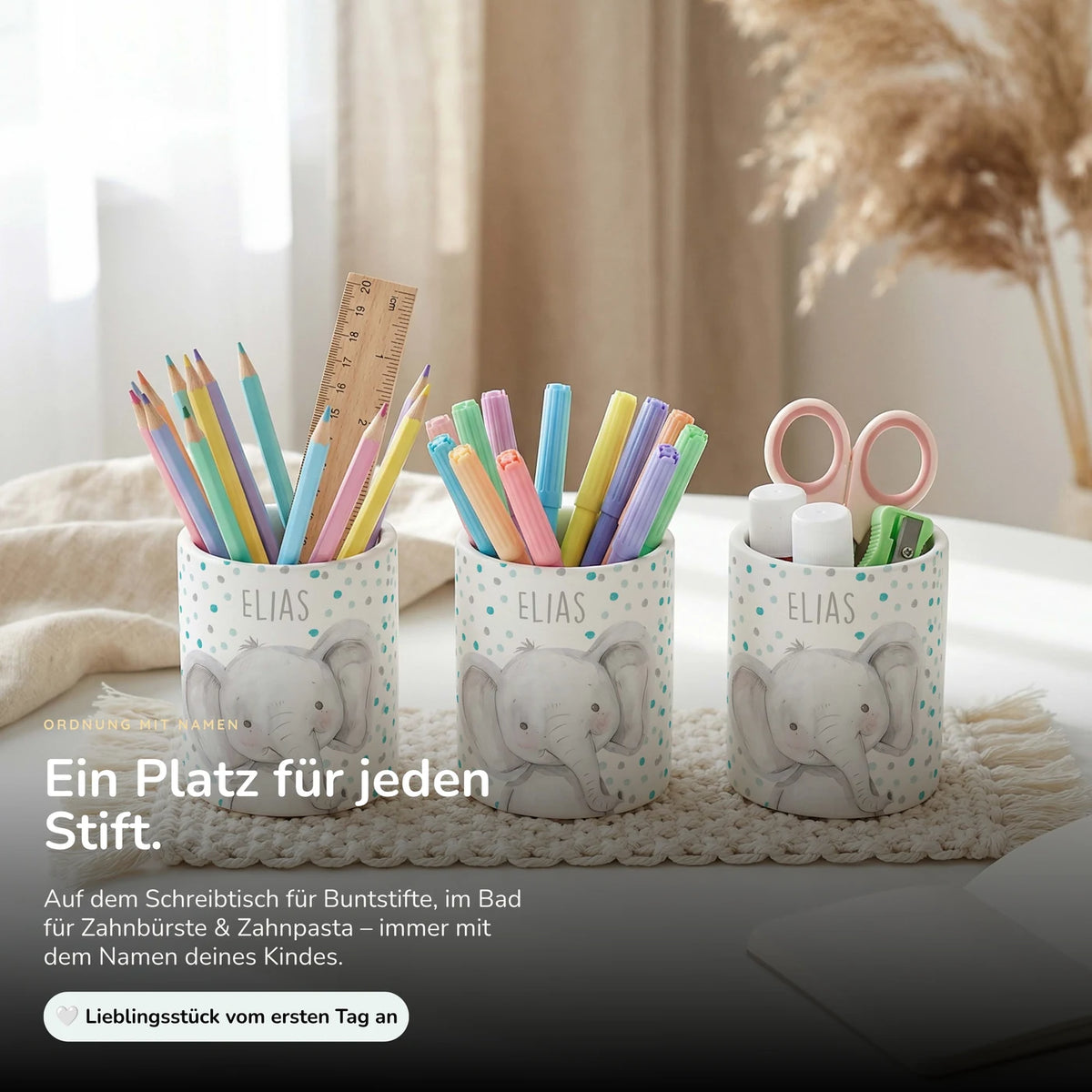 Personalisierter Stiftehalter Elefant Konfetti – Keramik mit Wunschname