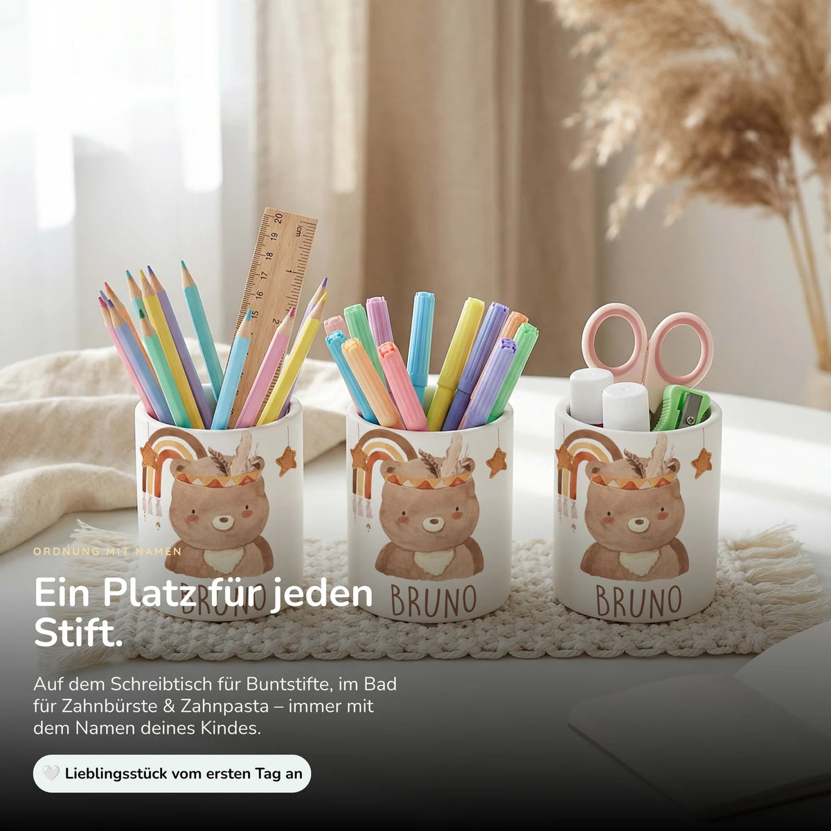 Personalisierter Stiftehalter Boho-Bär – Keramik mit Wunschname