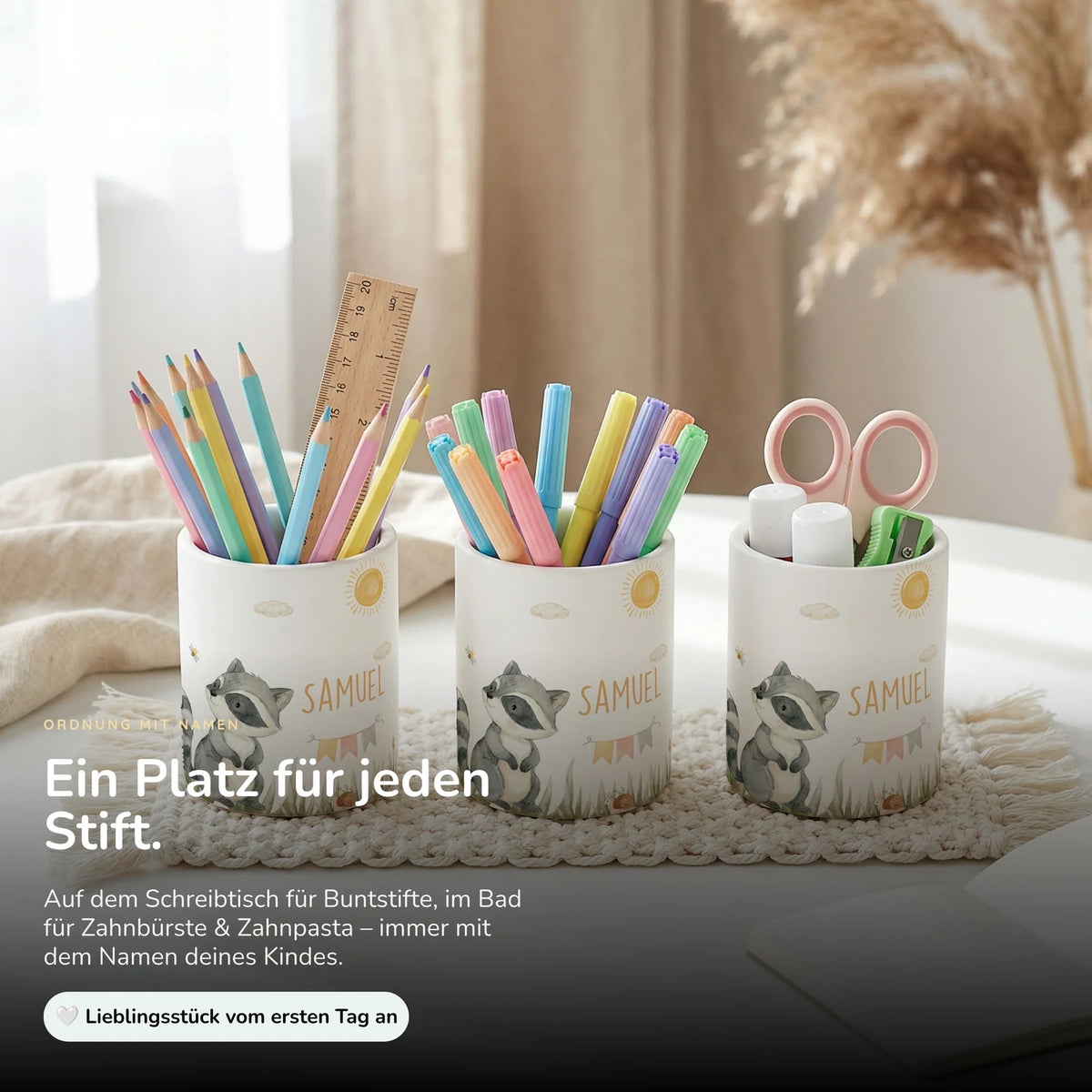 Personalisierter Stiftehalter Waschbär Sommer – Keramik mit Wunschname