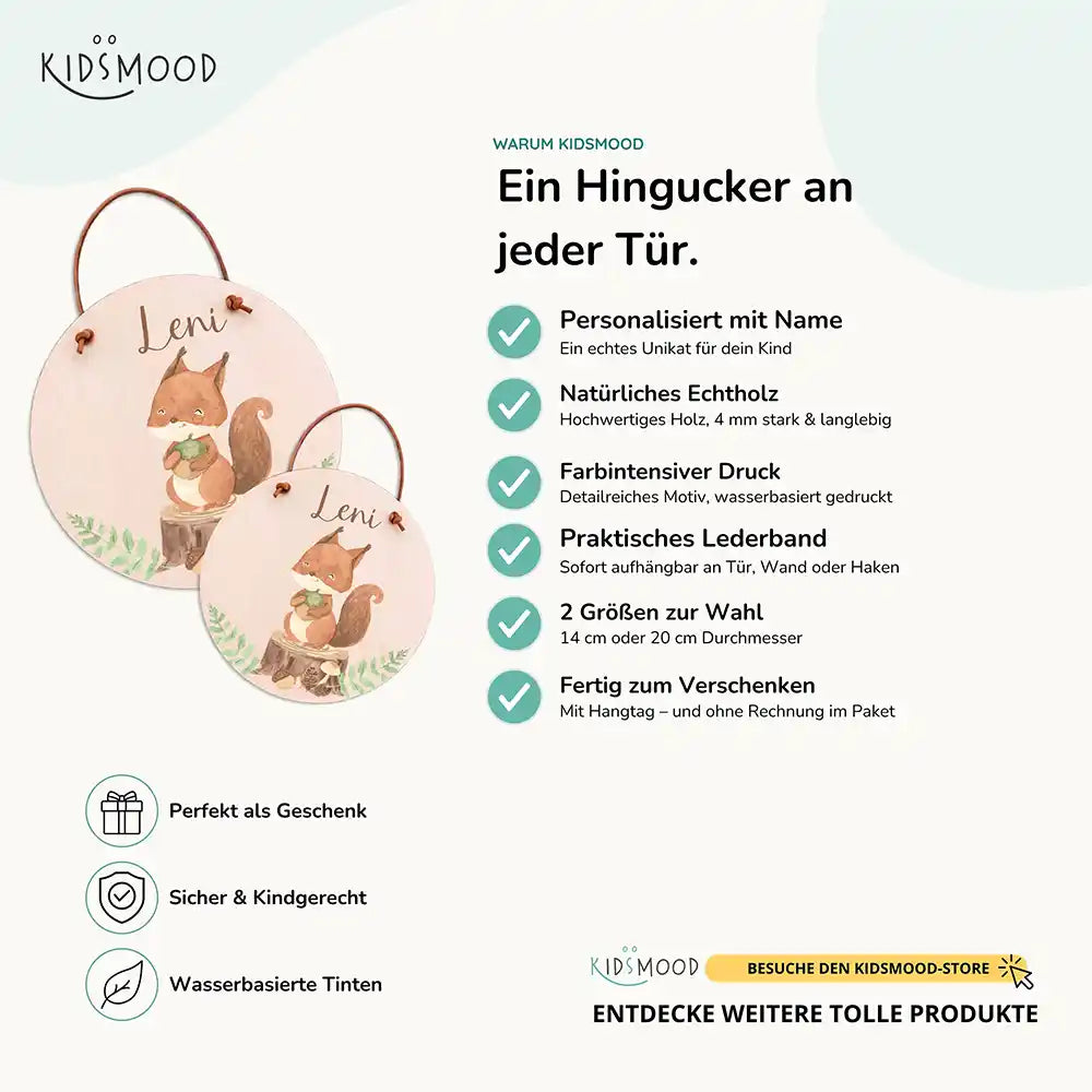 Türschild Kinderzimmer Eichhörnchen im Wald, aus Echtholz mit Lederband, in zwei Größen