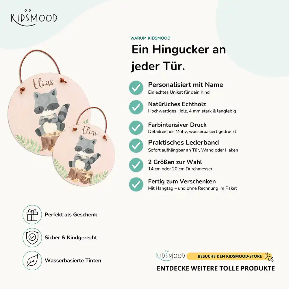 Türschild Kinderzimmer Waschbär im Wald, aus Echtholz mit Lederband, in zwei Größen