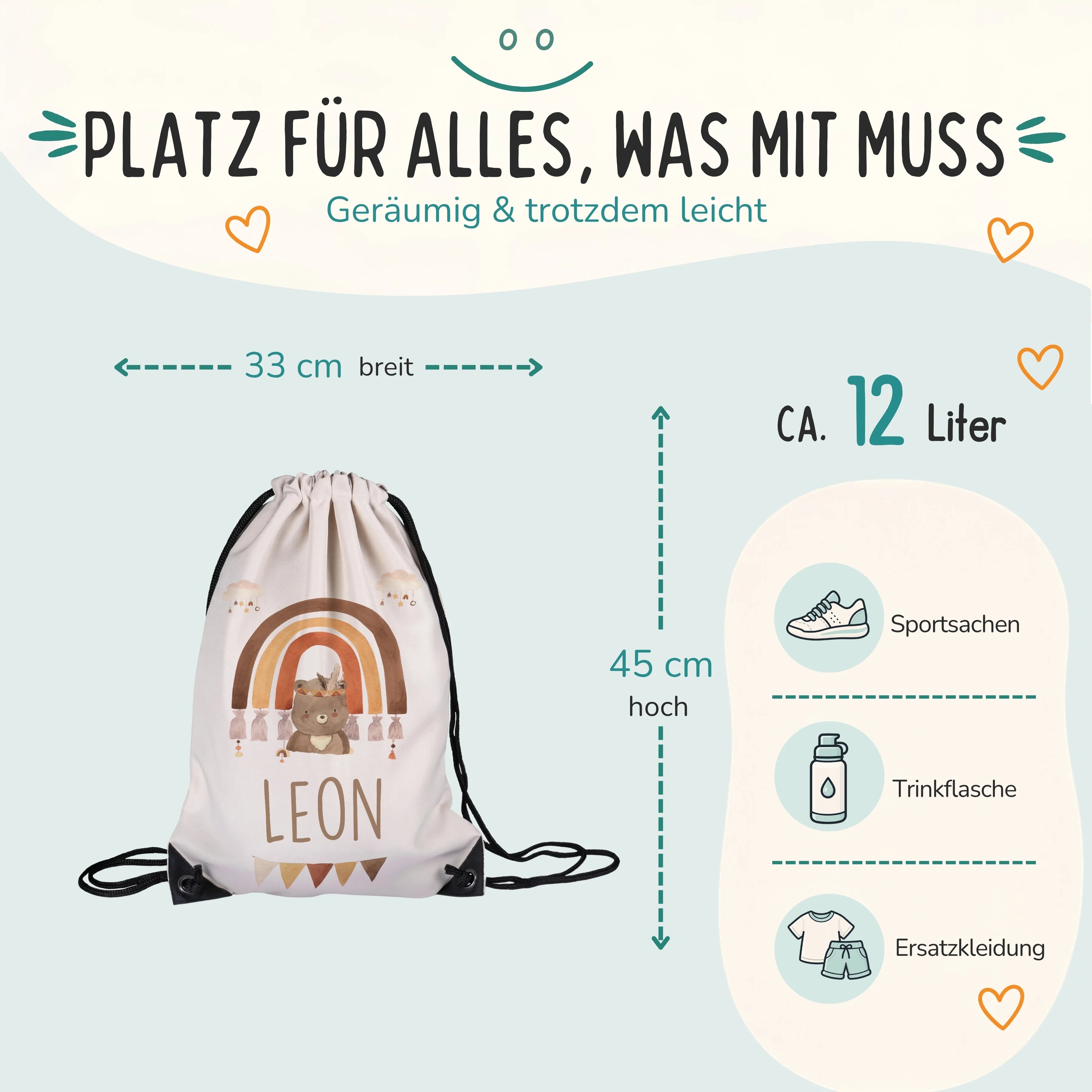 Personalisierter Turnbeutel Boho Bär Regenbogen, Größe 33 x 45 cm mit ca. 12 Liter Fassungsvermögen