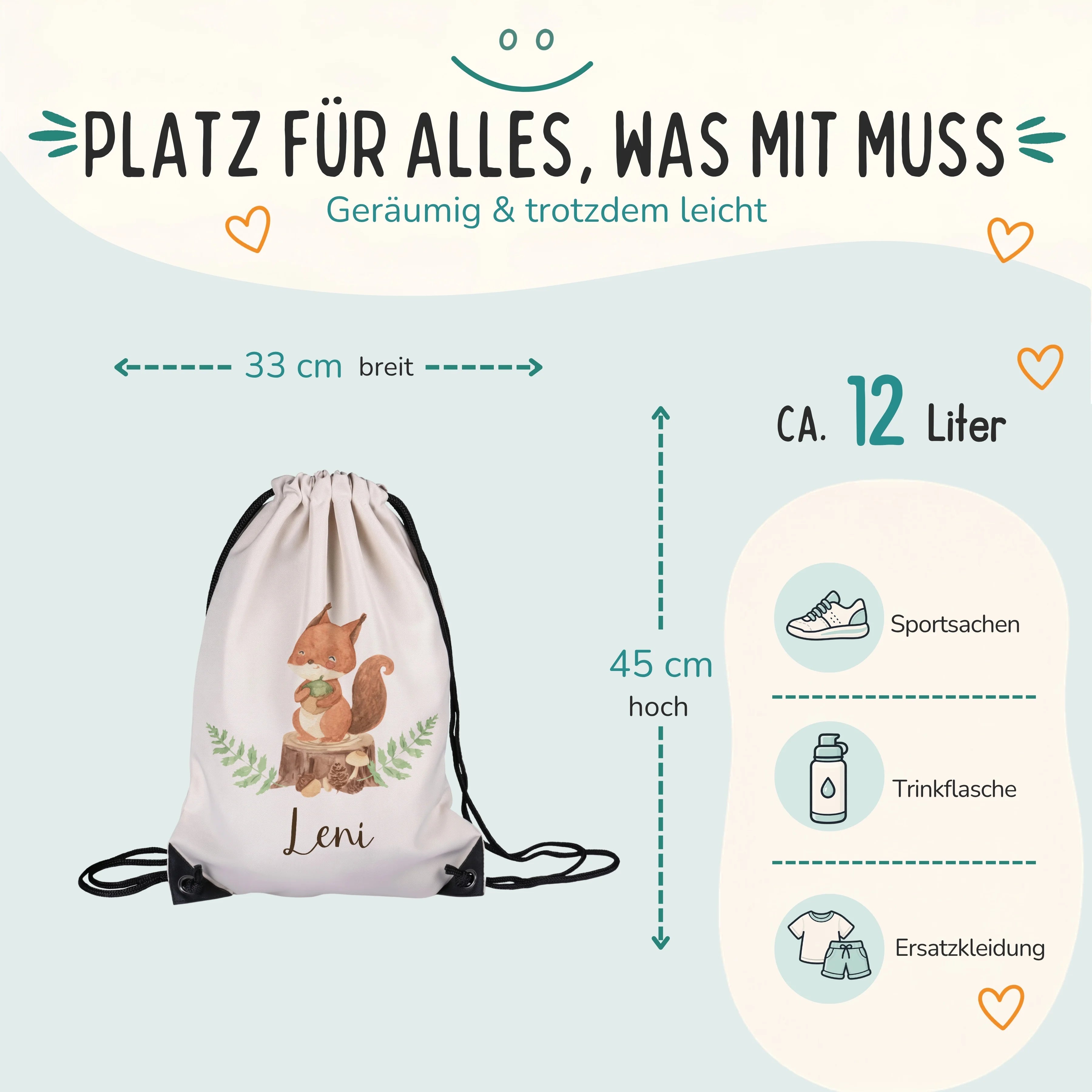 Personalisierter Turnbeutel Eichhörnchen, Größe 33 x 45 cm mit ca. 12 Liter Fassungsvermögen