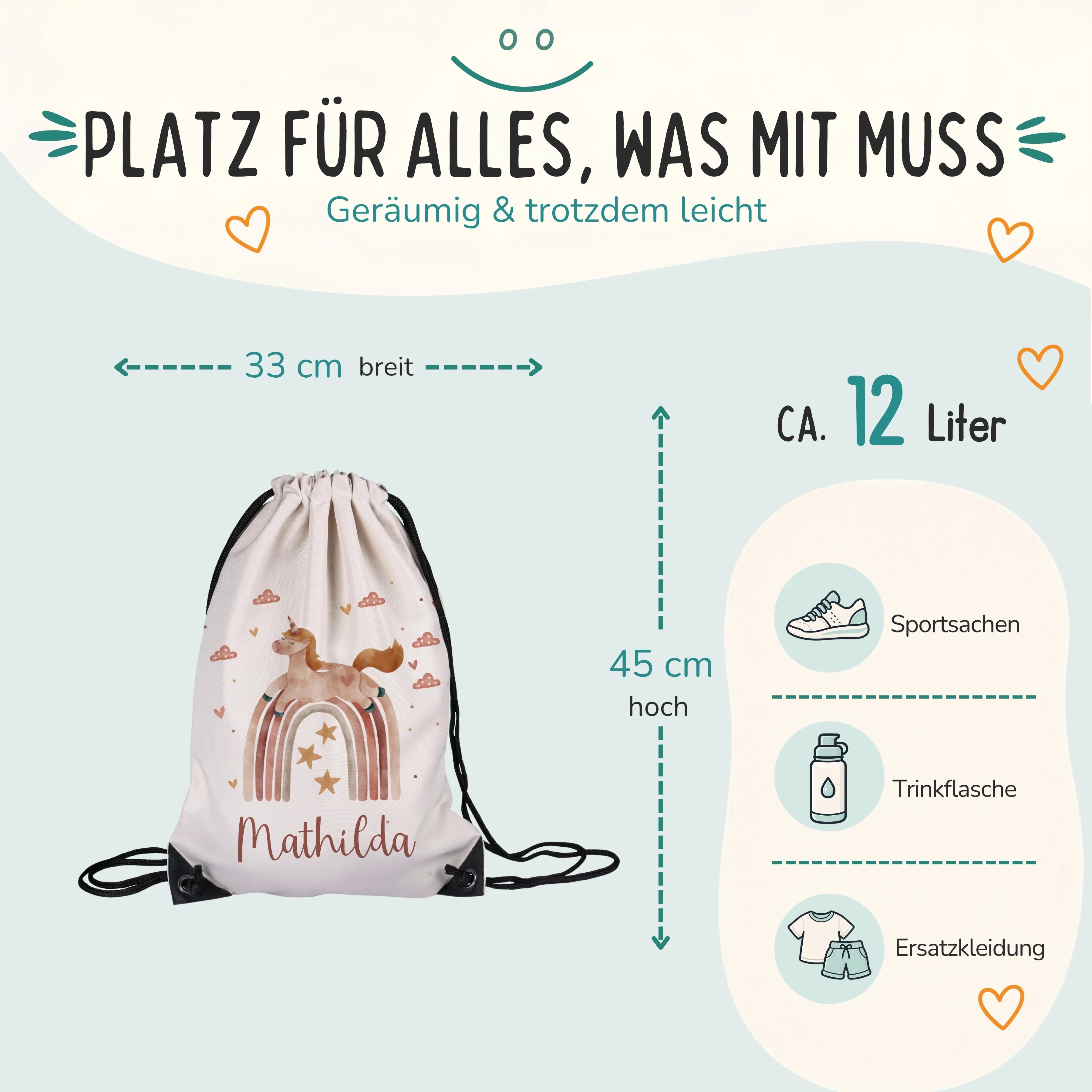 Personalisierter Turnbeutel Einhorn Regenbogen, Größe 33 x 45 cm mit ca. 12 Liter Fassungsvermögen