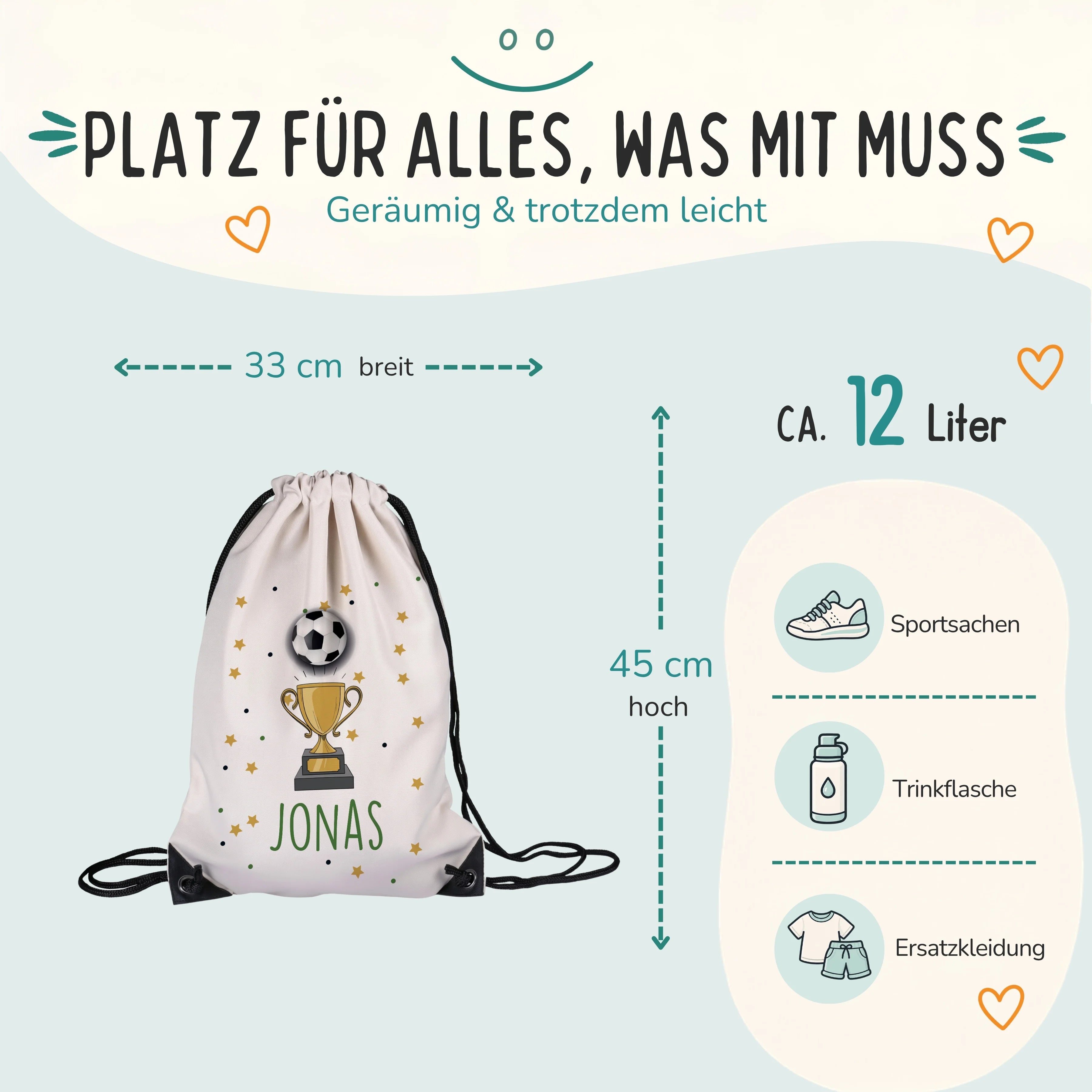 Personalisierter Turnbeutel Fußball Pokal, Größe 33 x 45 cm mit ca. 12 Liter Fassungsvermögen