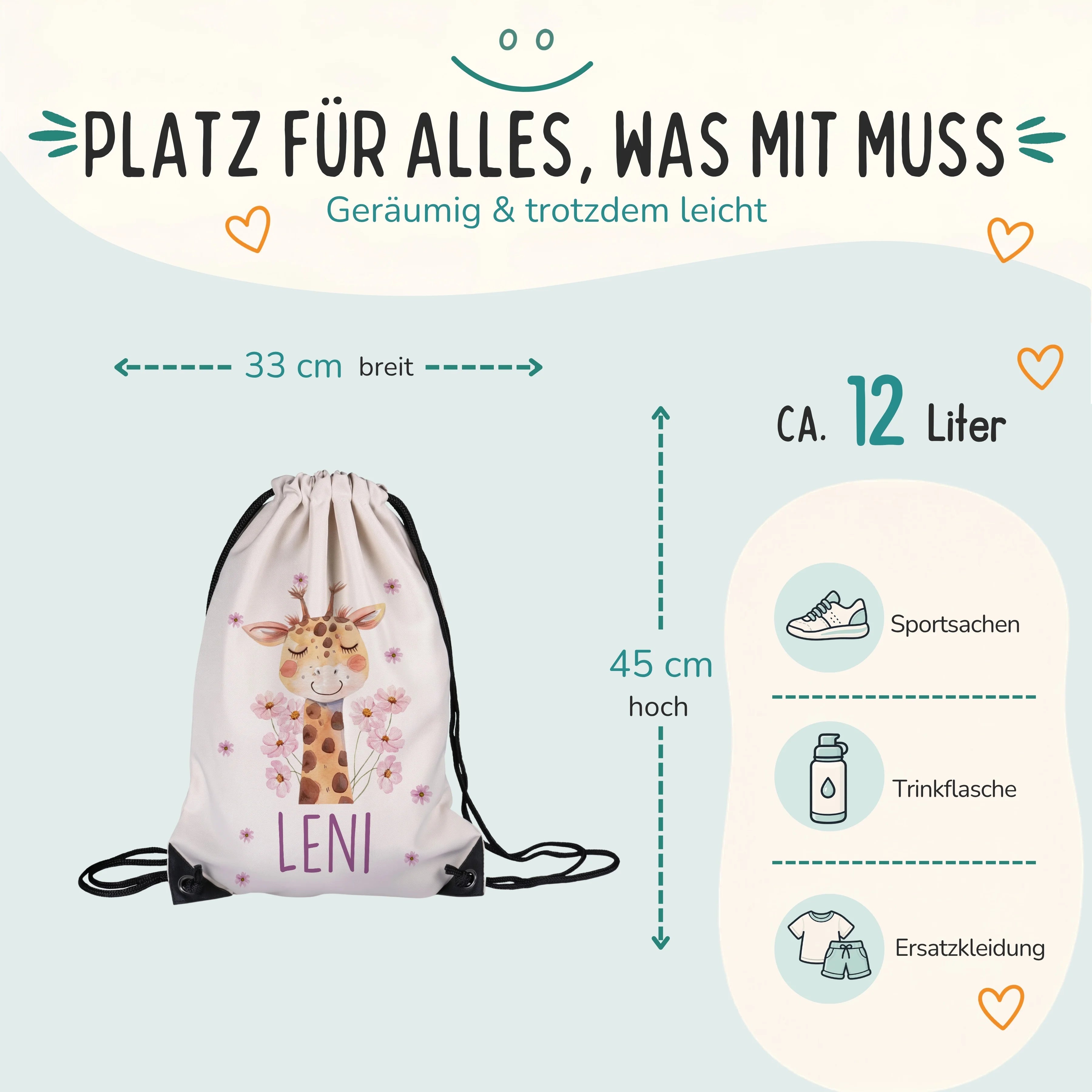 Personalisierter Turnbeutel Giraffe, Größe 33 x 45 cm mit ca. 12 Liter Fassungsvermögen