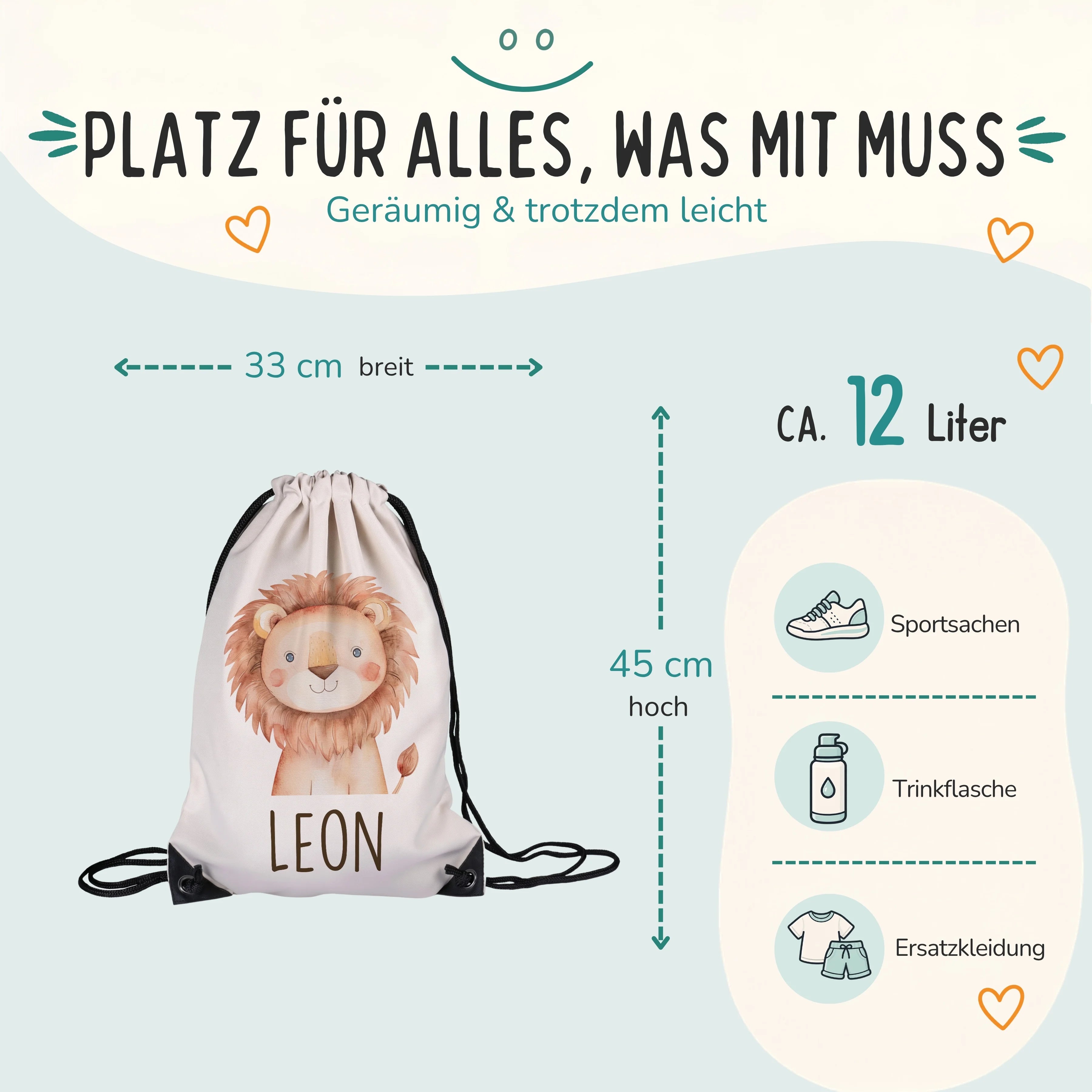 Personalisierter Turnbeutel Löwe, Größe 33 x 45 cm mit ca. 12 Liter Fassungsvermögen