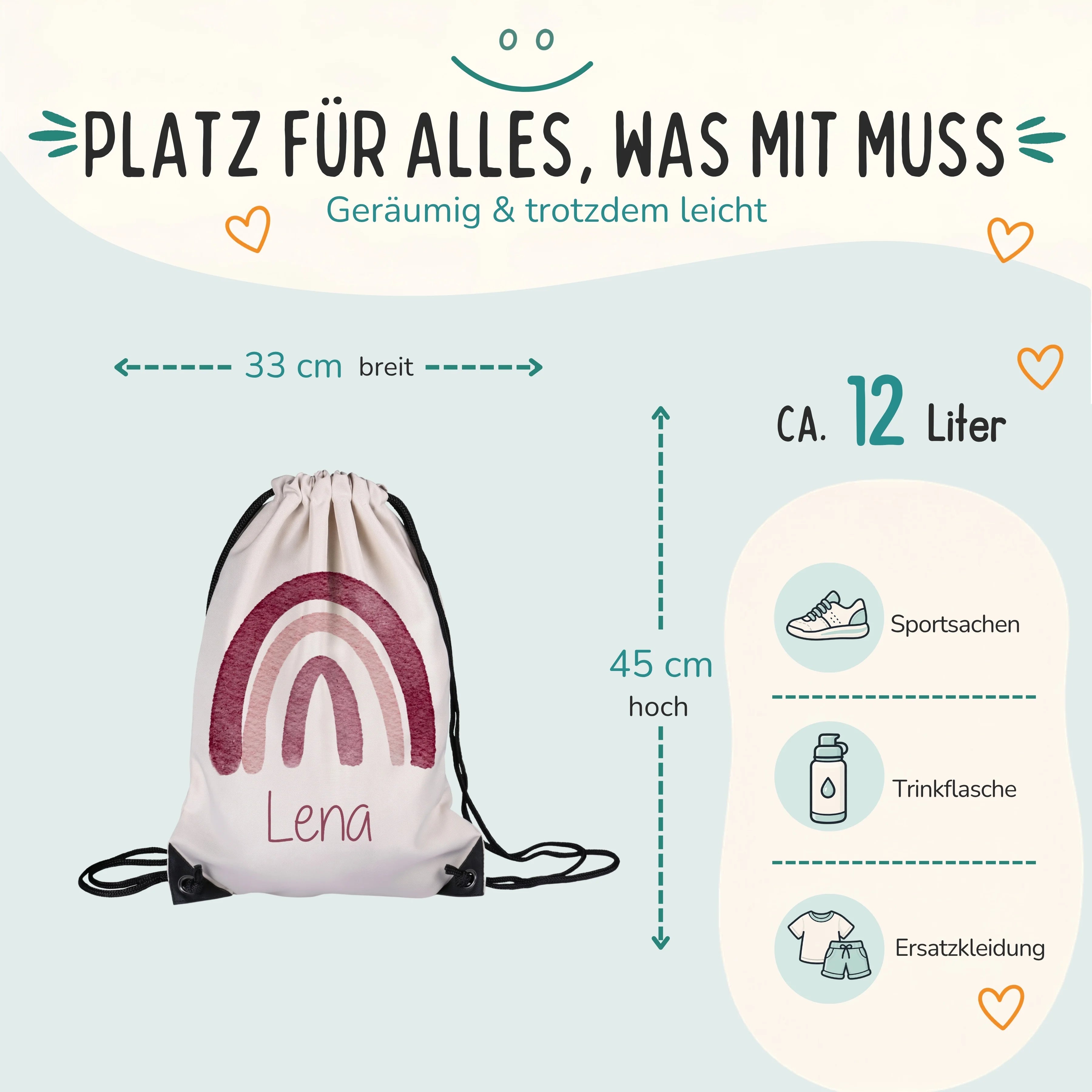 Personalisierter Turnbeutel Regenbogen, Größe 33 x 45 cm mit ca. 12 Liter Fassungsvermögen
