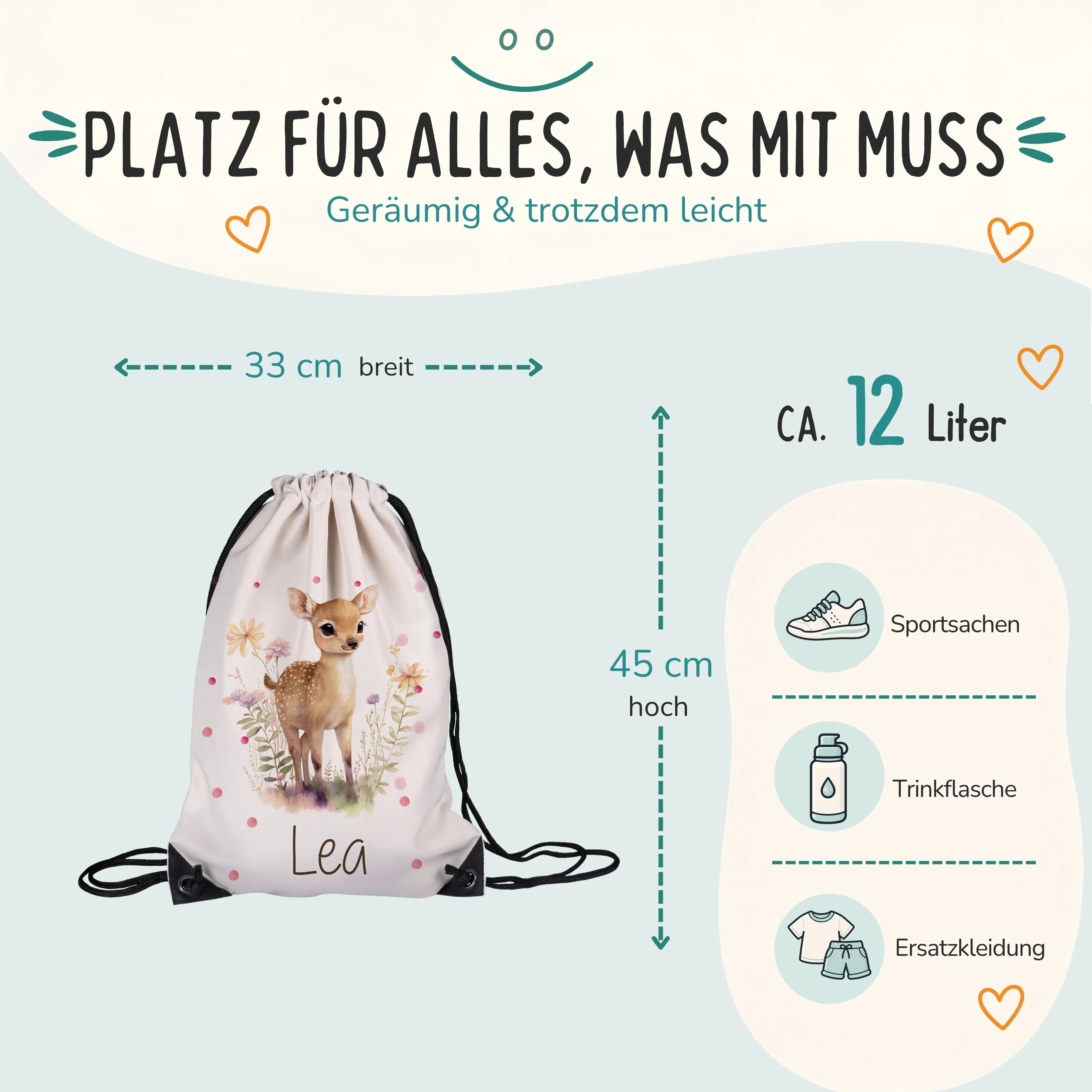 Personalisierter Turnbeutel Reh, Größe 33 x 45 cm mit ca. 12 Liter Fassungsvermögen