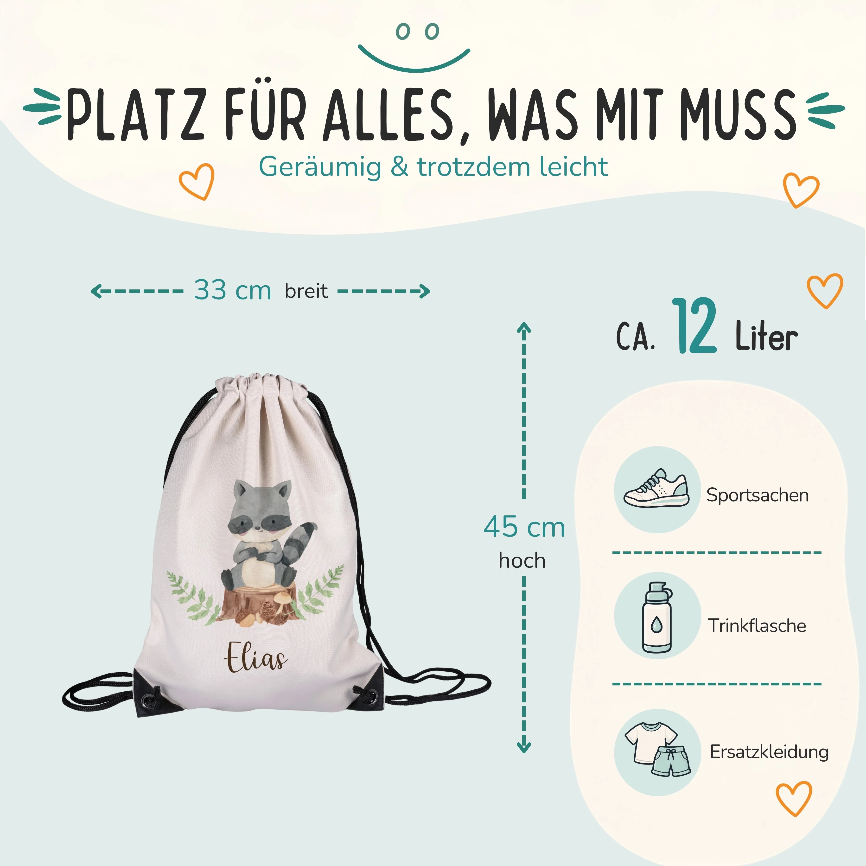 Personalisierter Turnbeutel Waschbär, Größe 33 x 45 cm mit ca. 12 Liter Fassungsvermögen