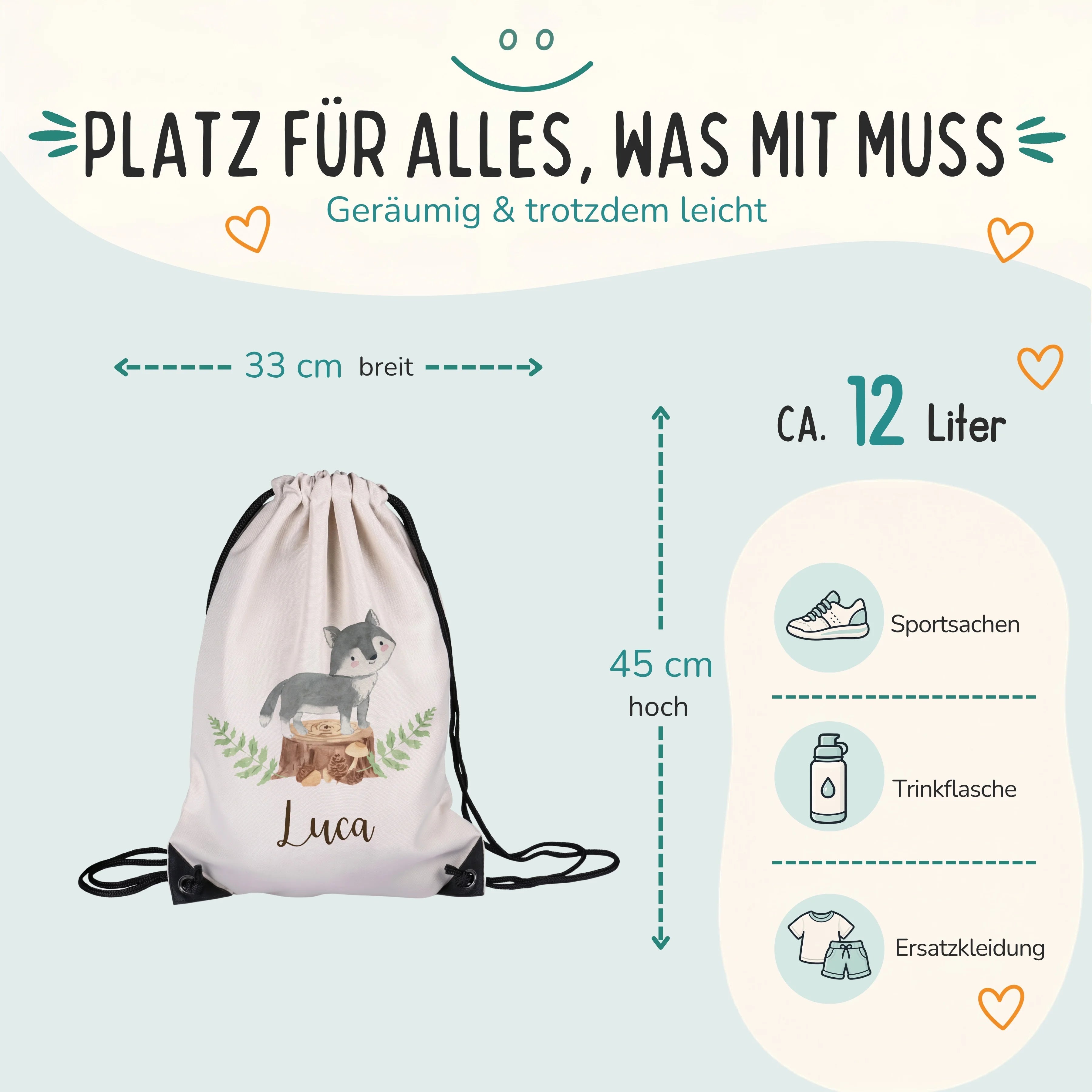 Personalisierter Turnbeutel Wolf, Größe 33 x 45 cm mit ca. 12 Liter Fassungsvermögen