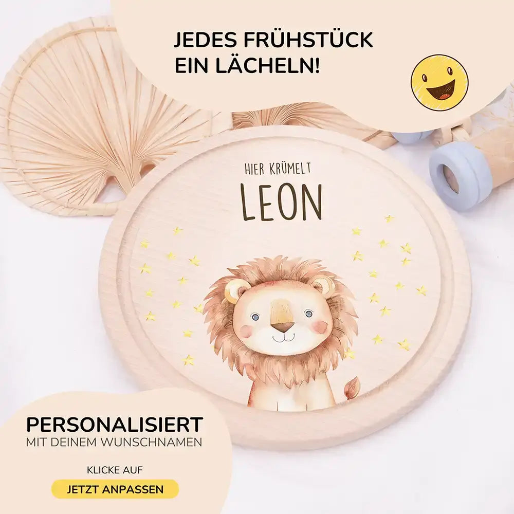 Rundes personalisiertes Frühstücksbrettchen Löwe mit Namen für Kinder