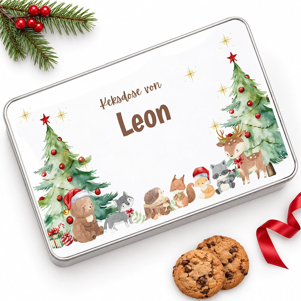 Keksdose aus Metall personalisiert - Weihnachtliche Waldtiere