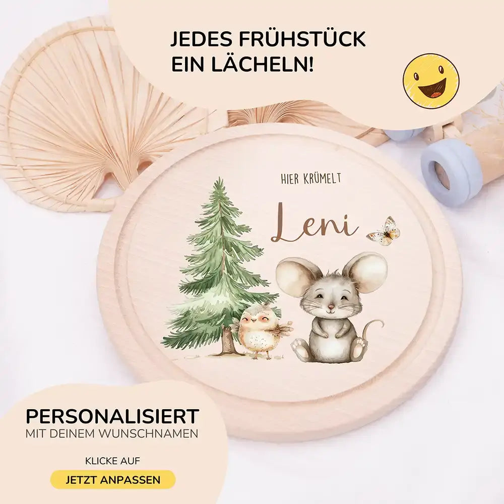 Rundes personalisiertes Frühstücksbrettchen Springmaus mit Namen für Kinder