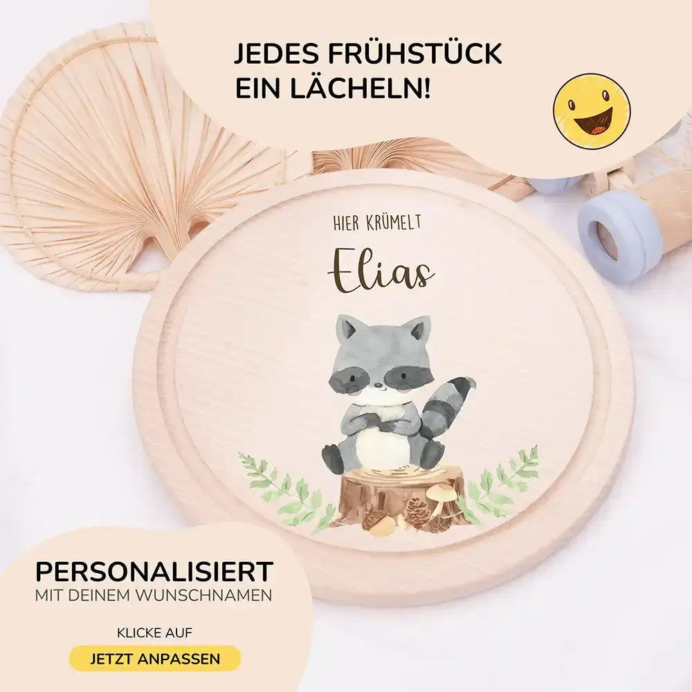 Rundes personalisiertes Frühstücksbrettchen Waschbär mit Namen für Kinder