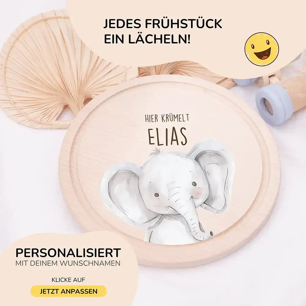 Rundes personalisiertes Frühstücksbrettchen Elefant mit Namen für Kinder