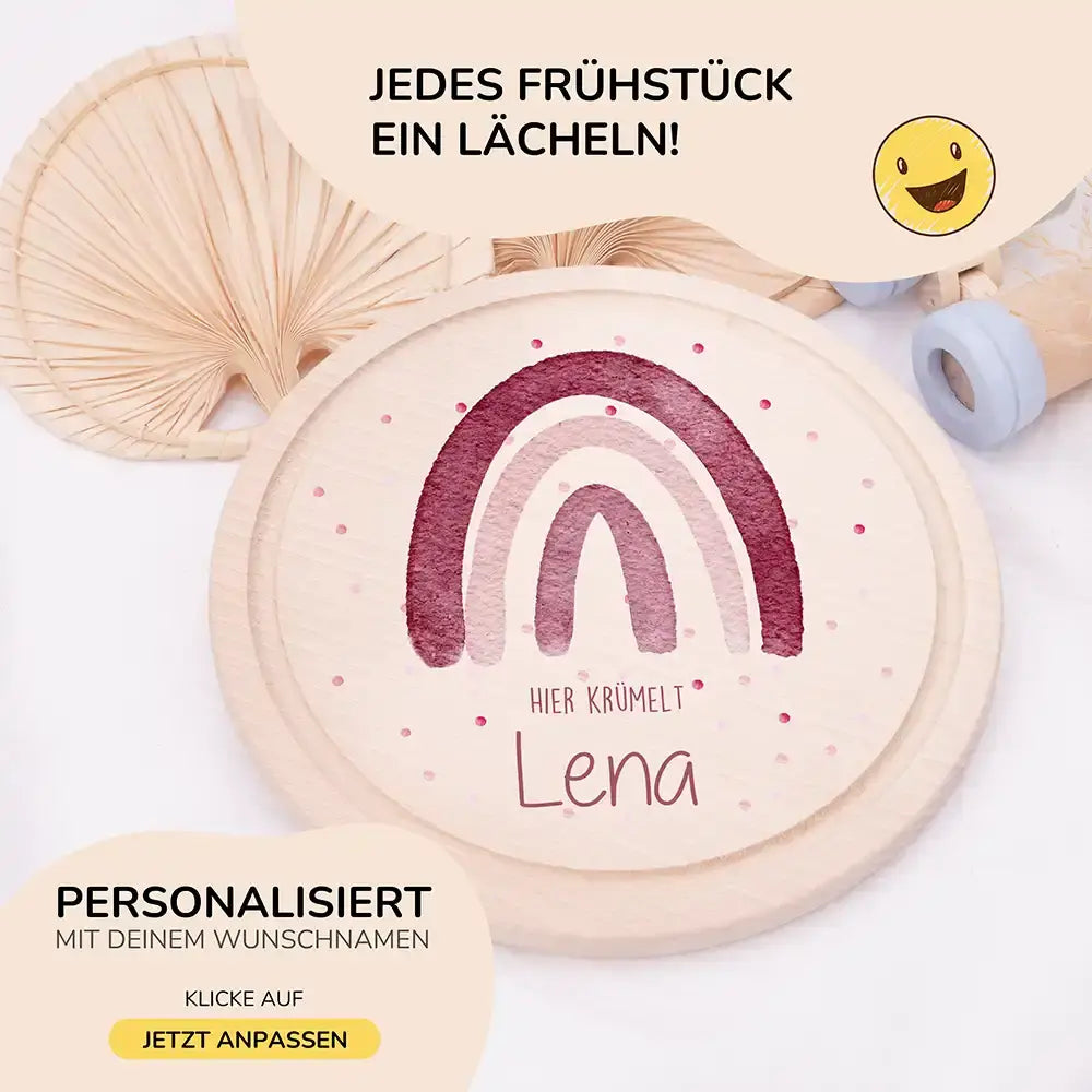 Rundes personalisiertes Frühstücksbrettchen Regenbogen mit Namen für Kinder