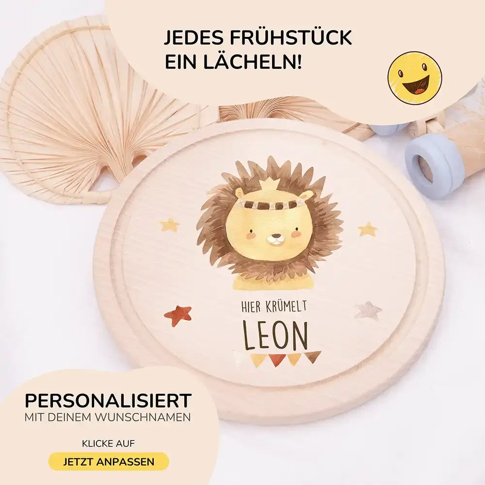 Rundes personalisiertes Frühstücksbrettchen Boho Löwe mit Namen für Kinder