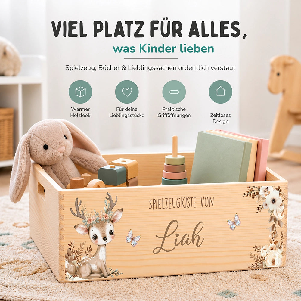 Spielzeugkiste personalisiert mit Namen - Baby Reh