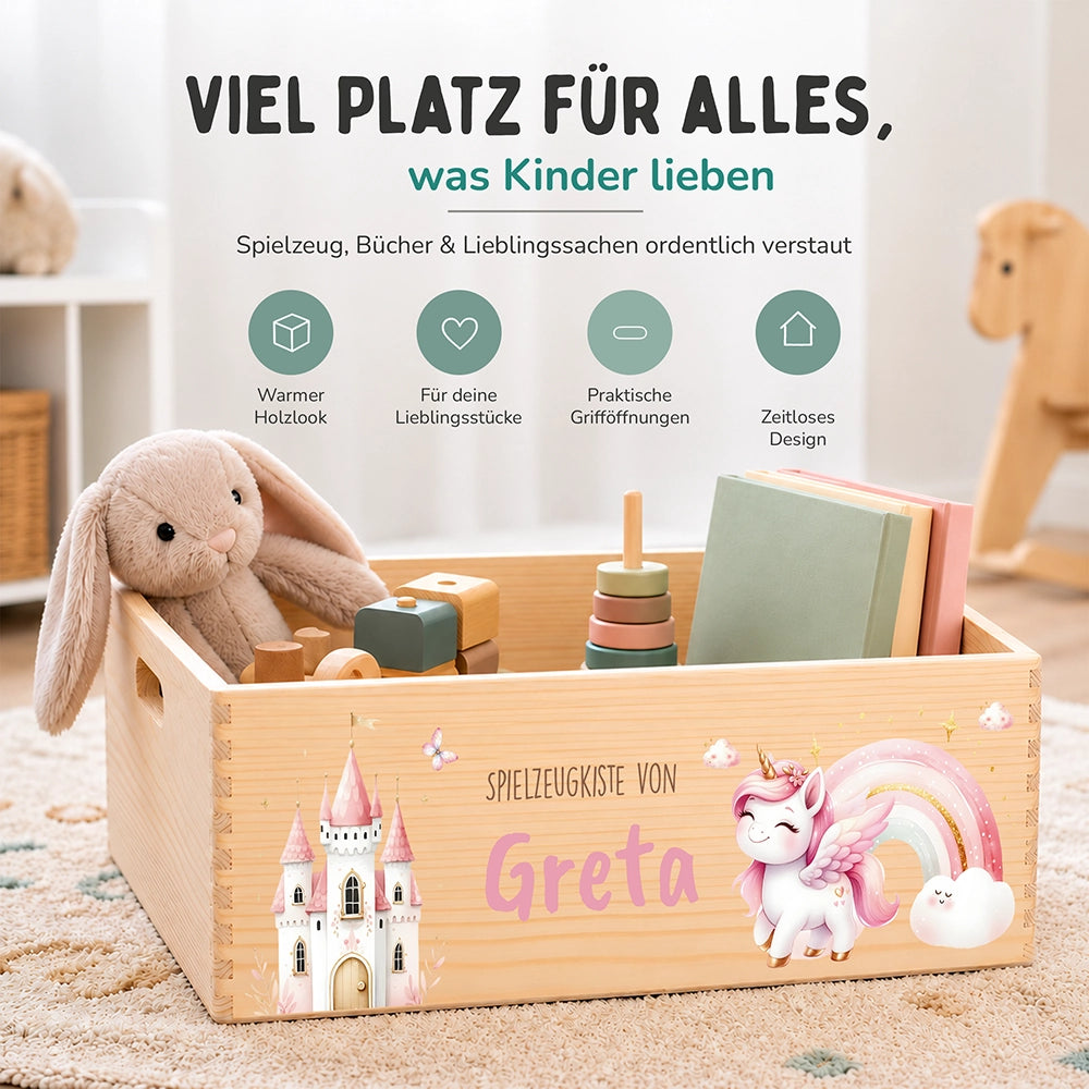 Spielzeugkiste personalisiert mit Namen - Einhorn Zauberwelt